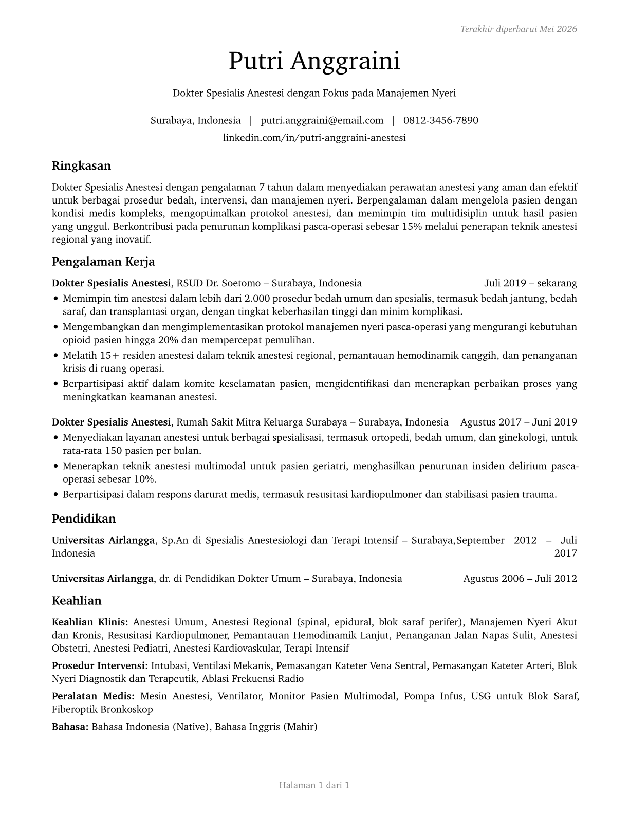 Anesthesiologists CV in Indonesian — page 1