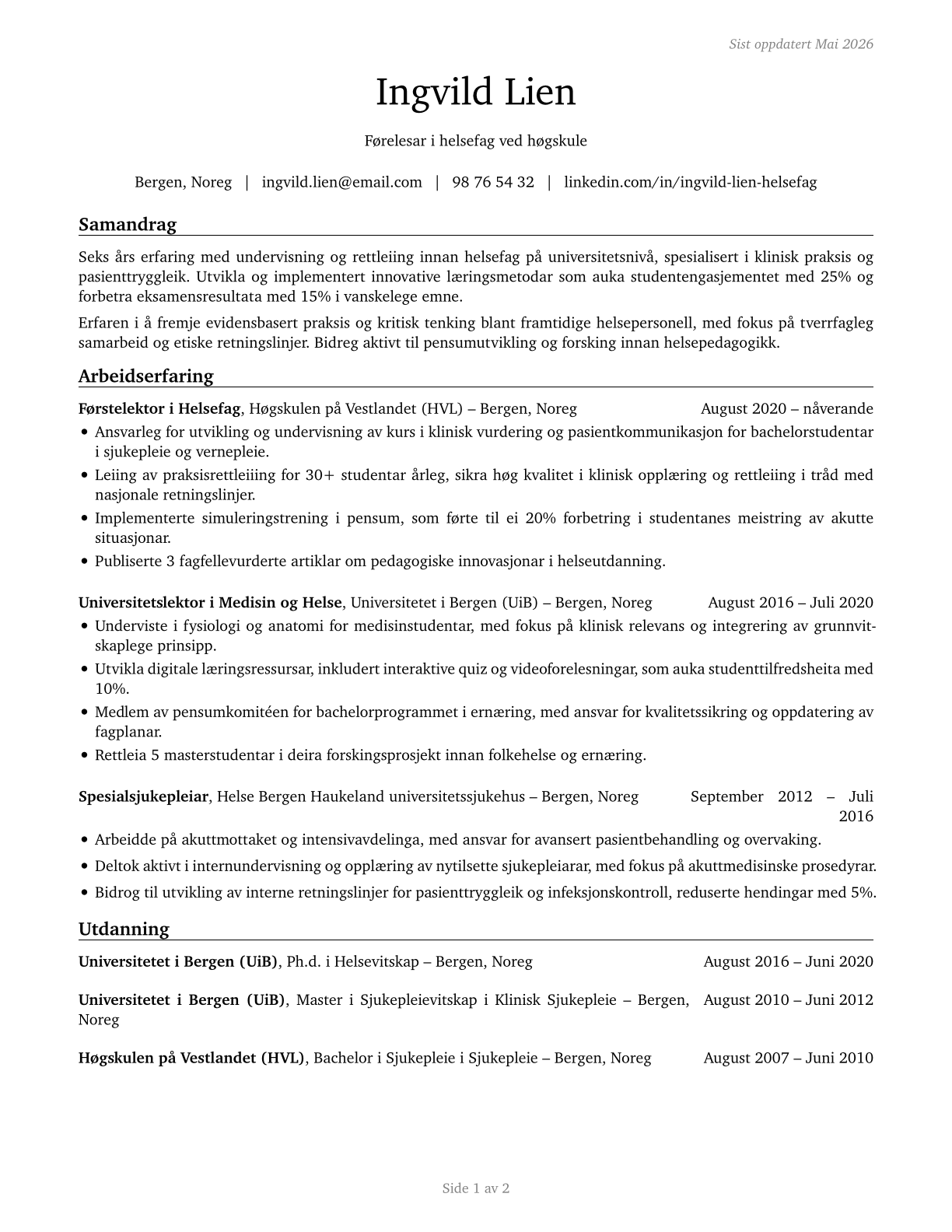 Health Specialties Teachers, Postsecondary CV in Norwegian_nynorsk — page 1
