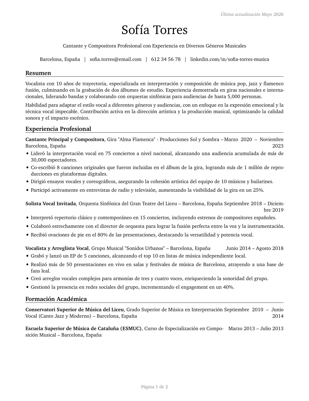 Musicians and Singers CV in Spanish — page 1