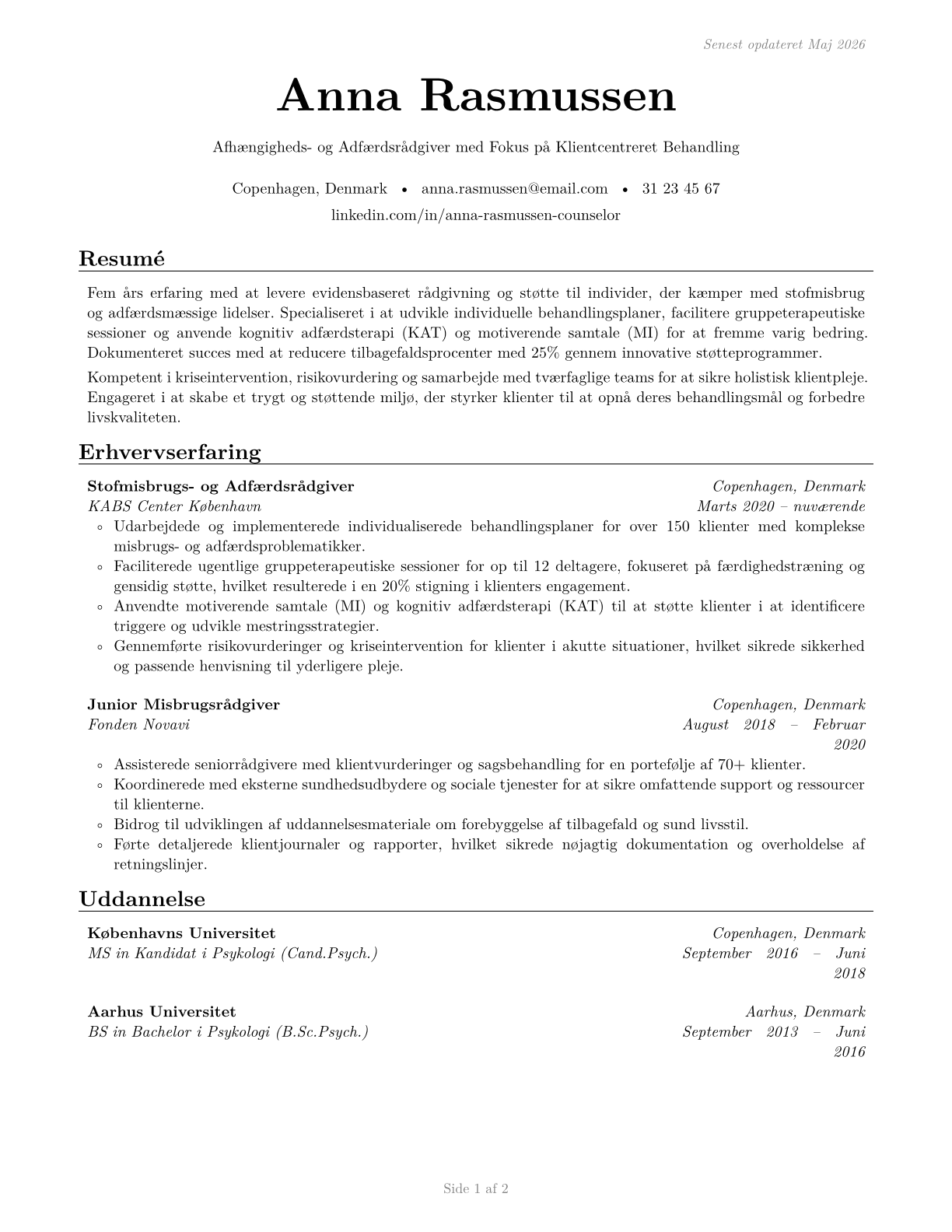 Substance Abuse and Behavioral Disorder Counselors CV in Danish — page 1