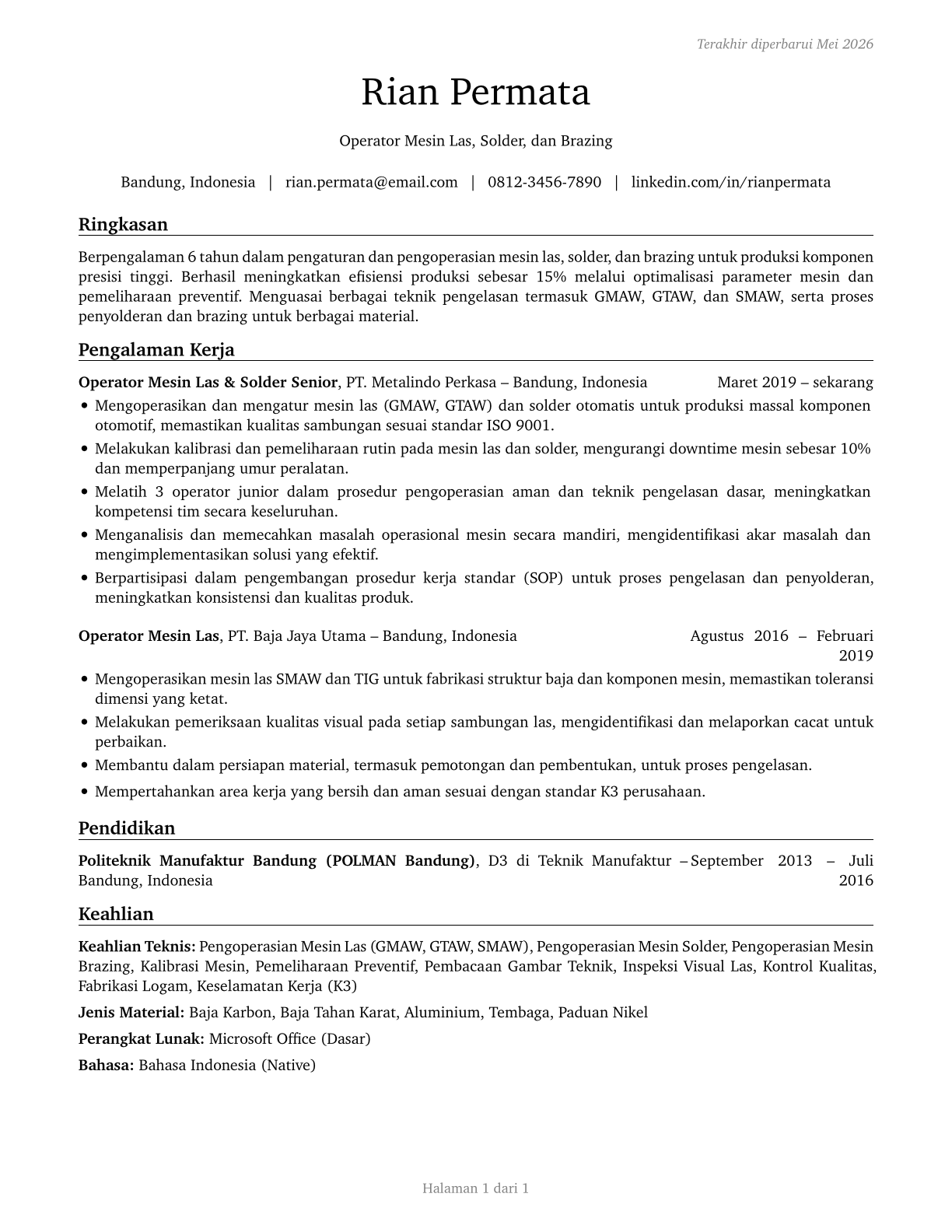 Welding, Soldering, and Brazing Machine Setters, Operators, and Tenders CV in Indonesian — page 1