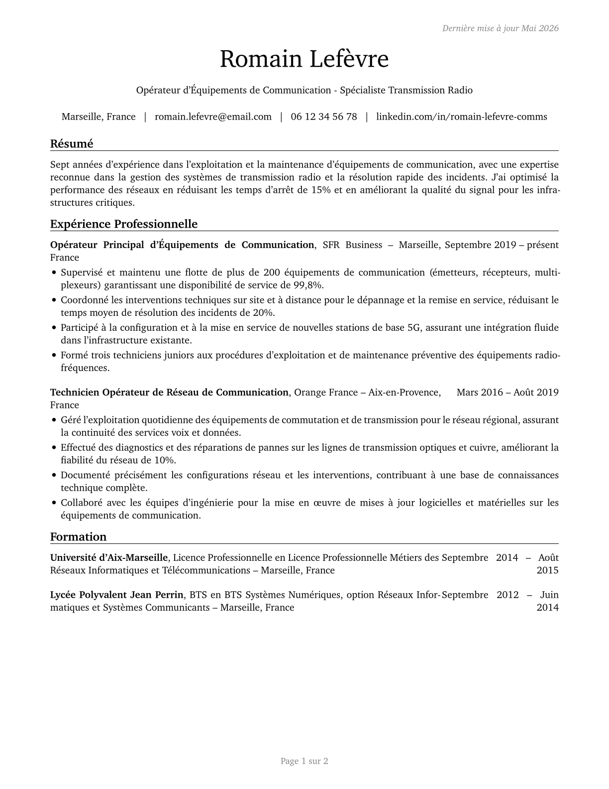 Communications Equipment Operators, All Other CV in French — page 1
