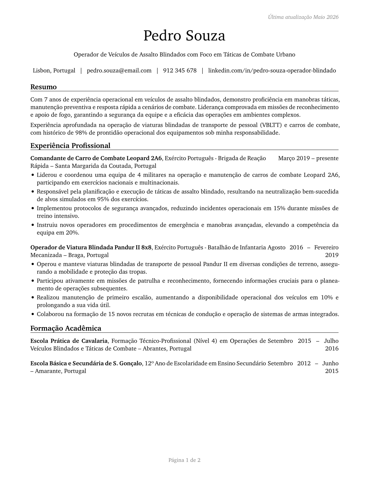 Armored Assault Vehicle Crew Members CV in Portuguese — page 1