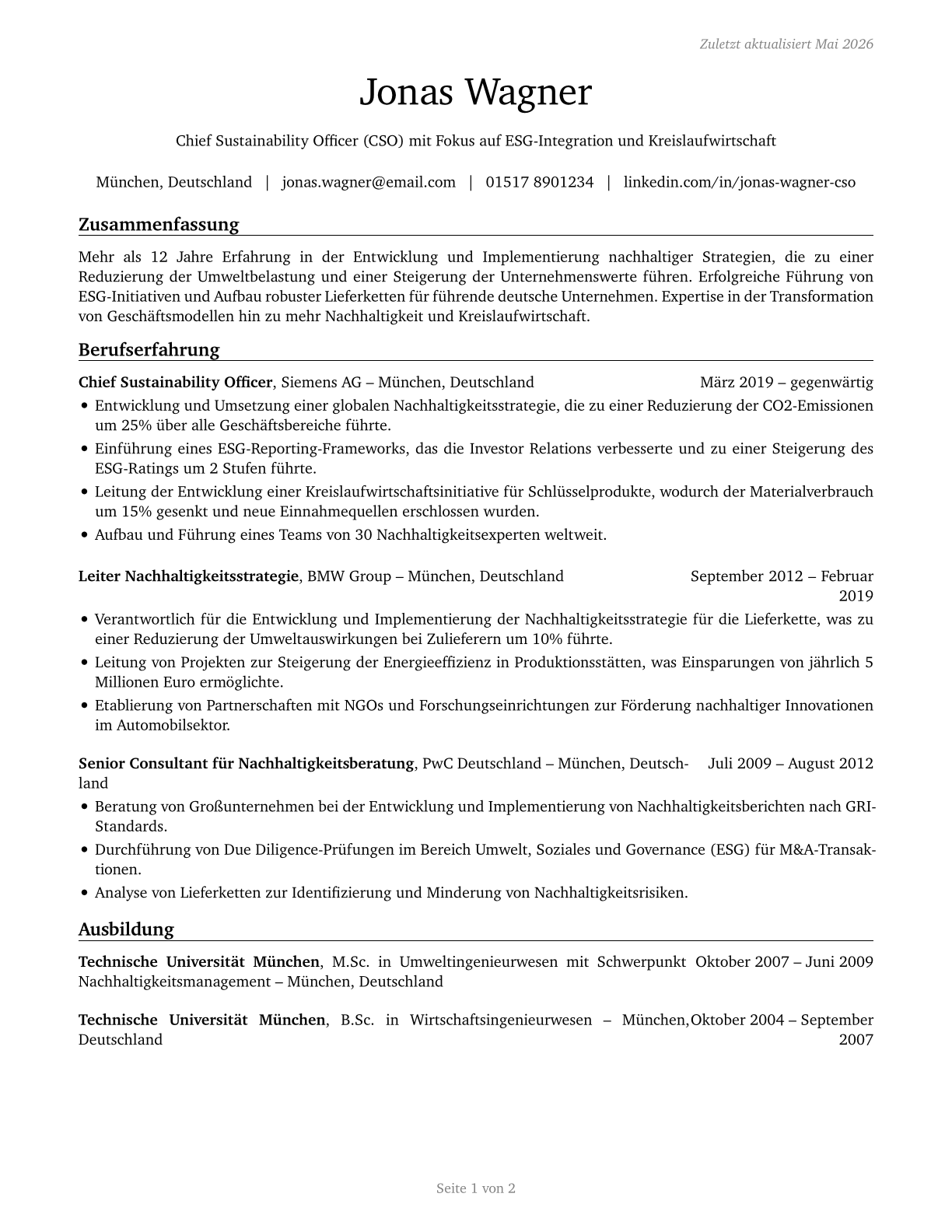 Chief Sustainability Officers CV in German — page 1
