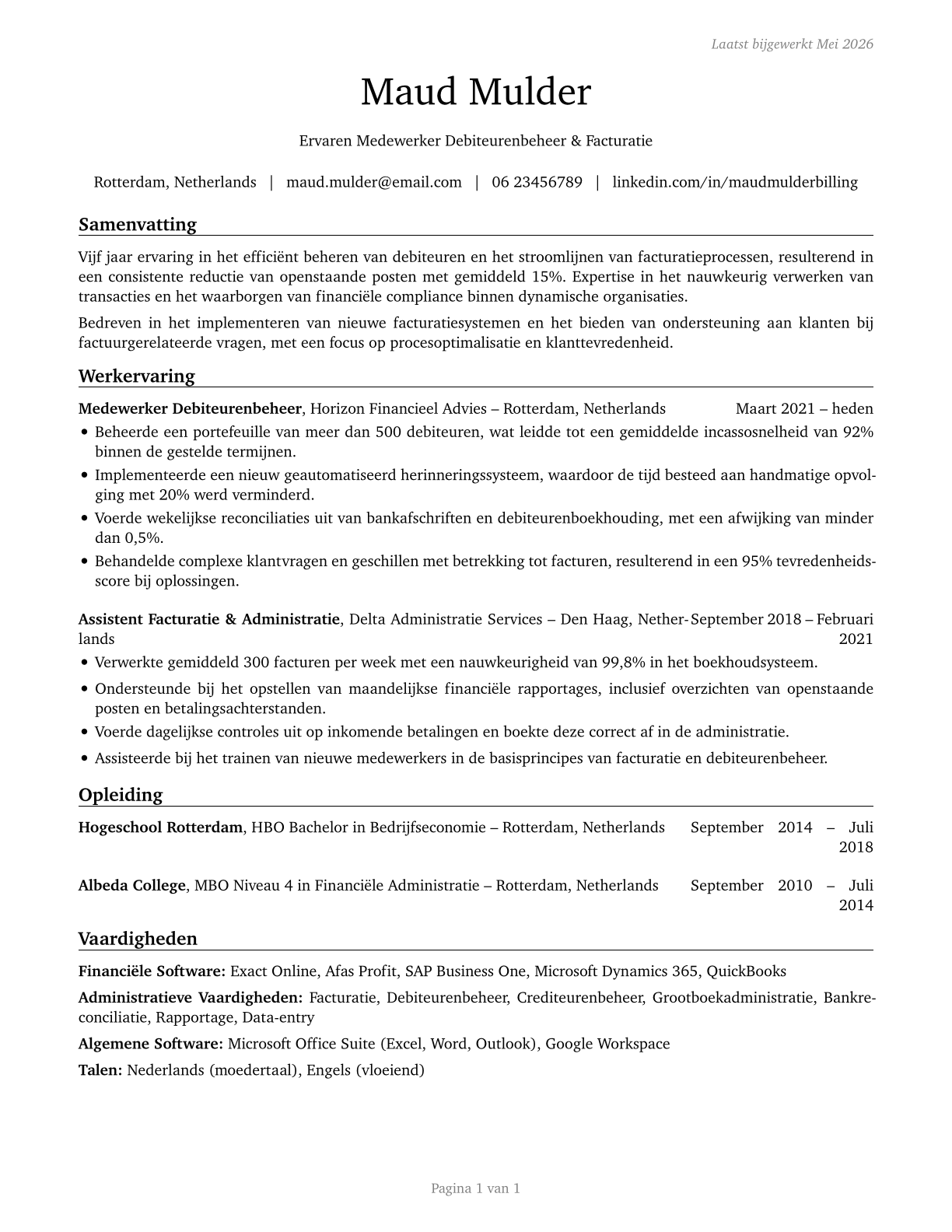 Billing and Posting Clerks CV in Dutch — page 1