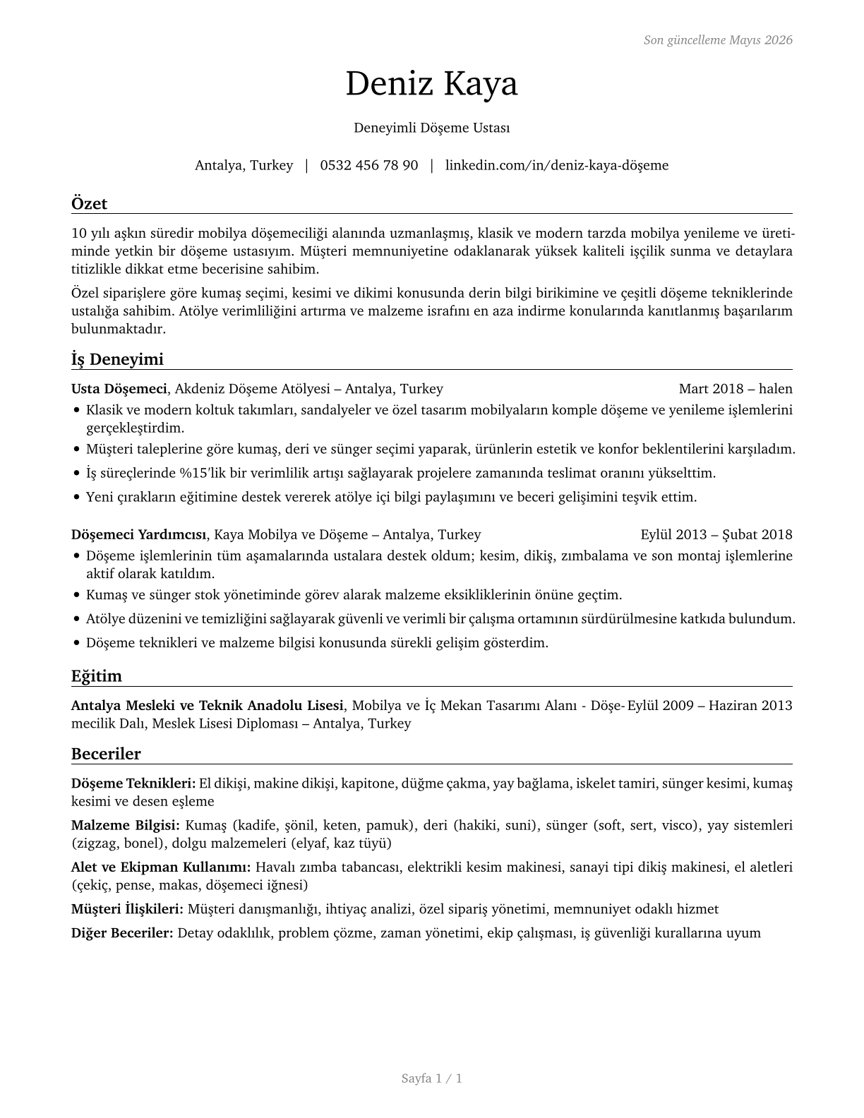 Upholsterers CV in Turkish — page 1