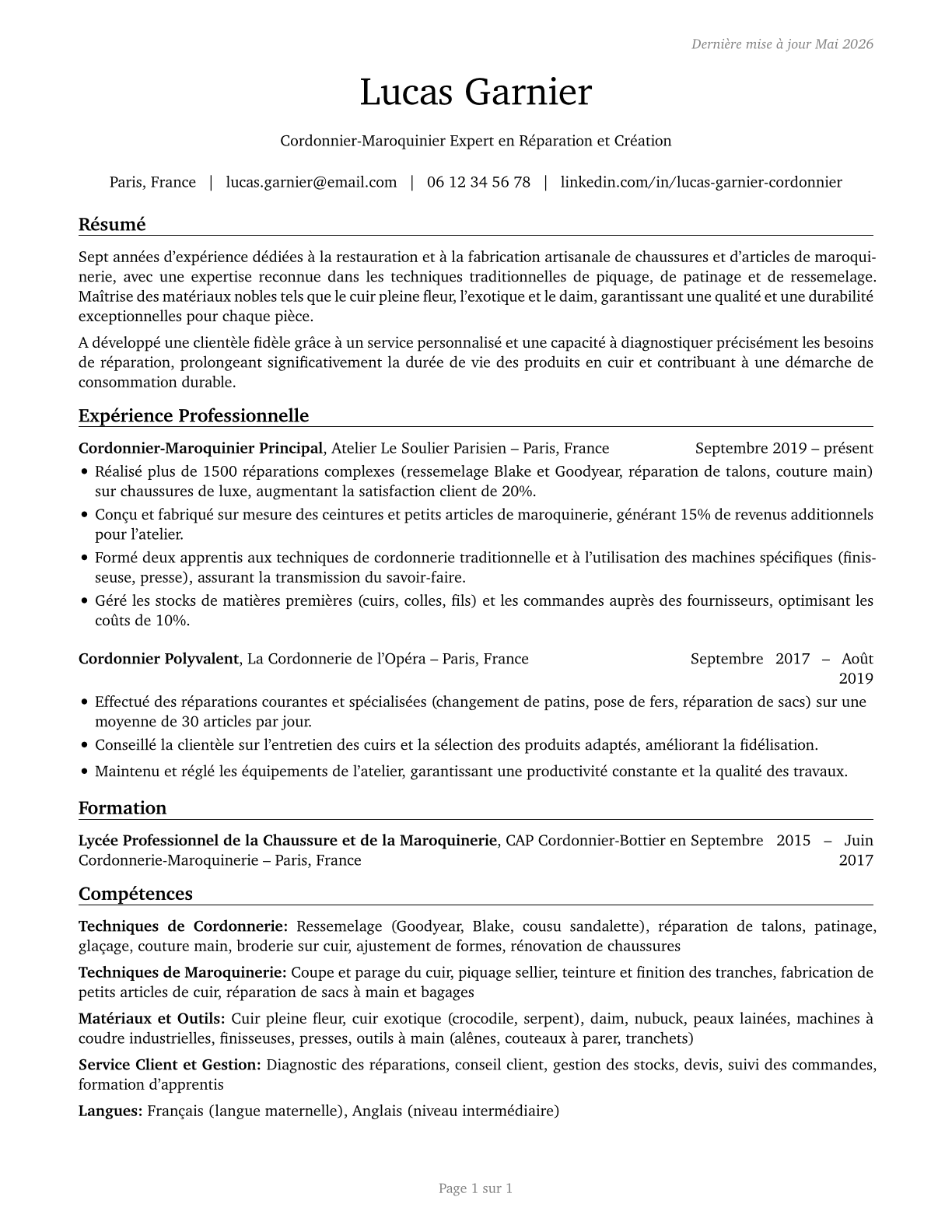 Shoe and Leather Workers and Repairers CV in French — page 1