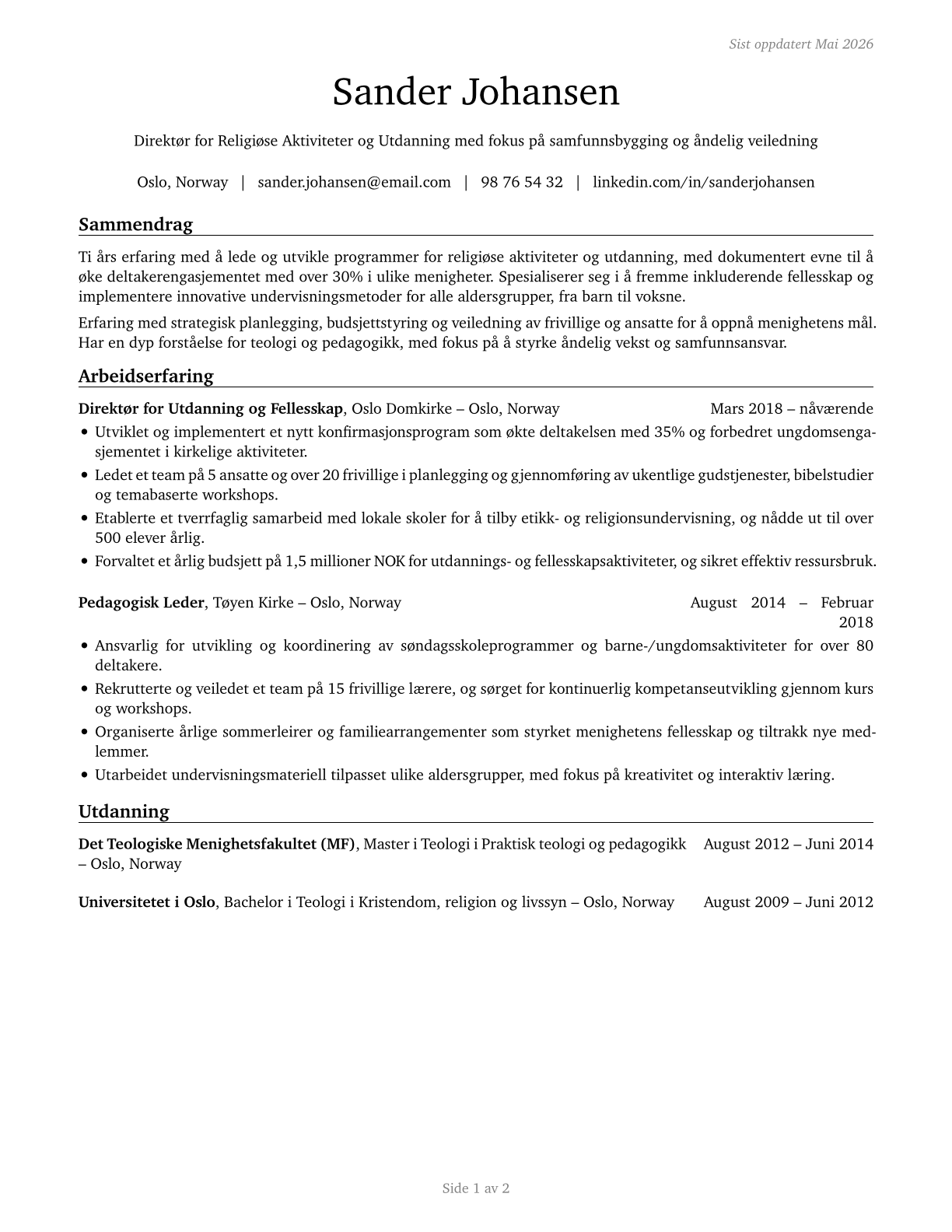 Directors, Religious Activities and Education CV in Norwegian_bokmal — page 1