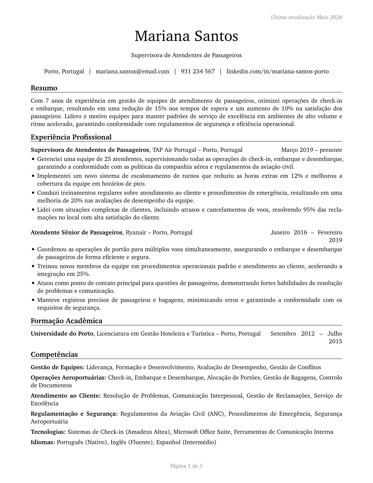 First-Line Supervisors of Passenger Attendants CV in Portuguese — page 1