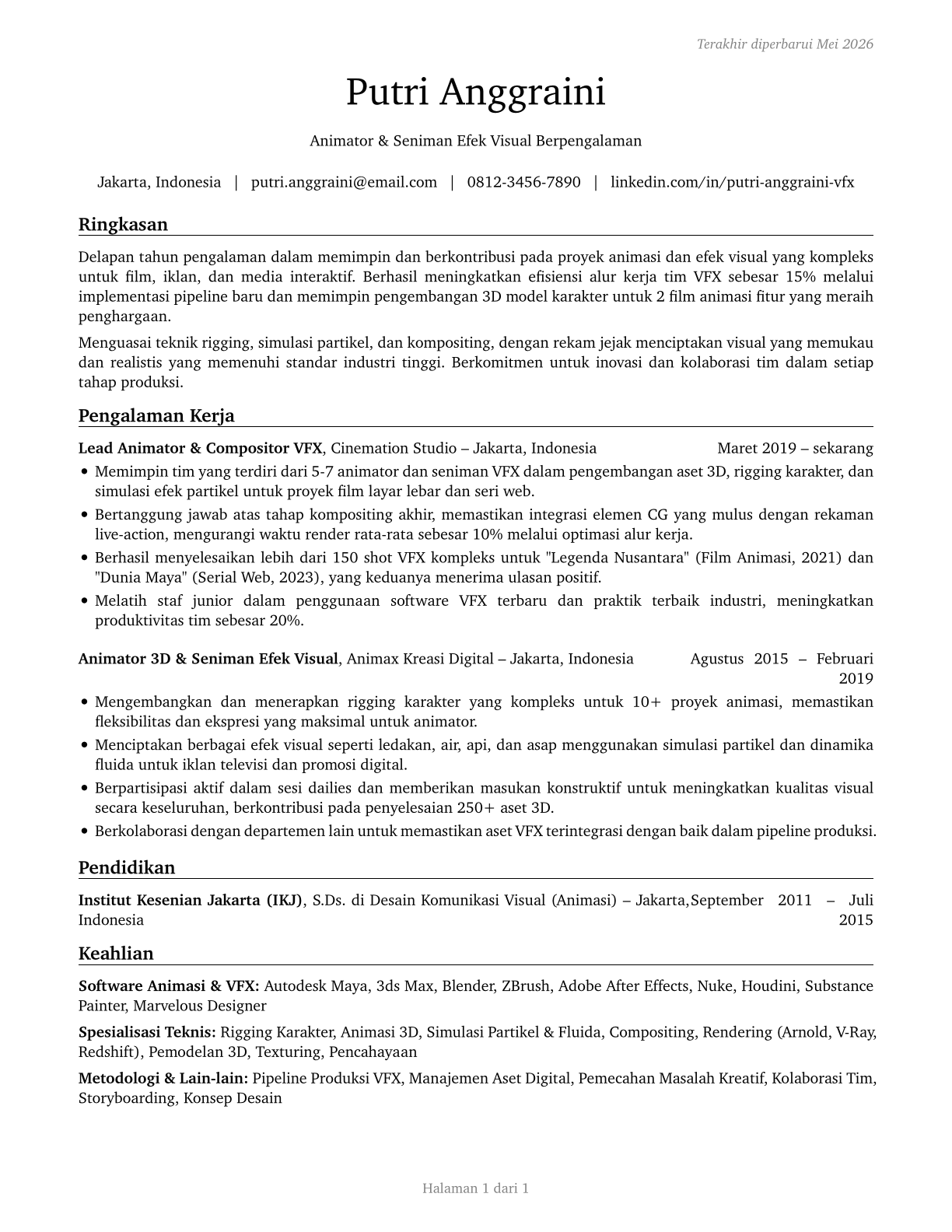 Special Effects Artists and Animators CV in Indonesian — page 1