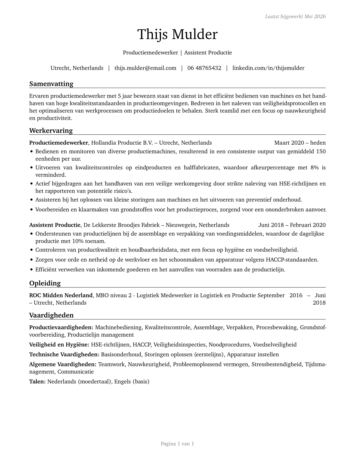 Helpers--Production Workers CV in Dutch — page 1