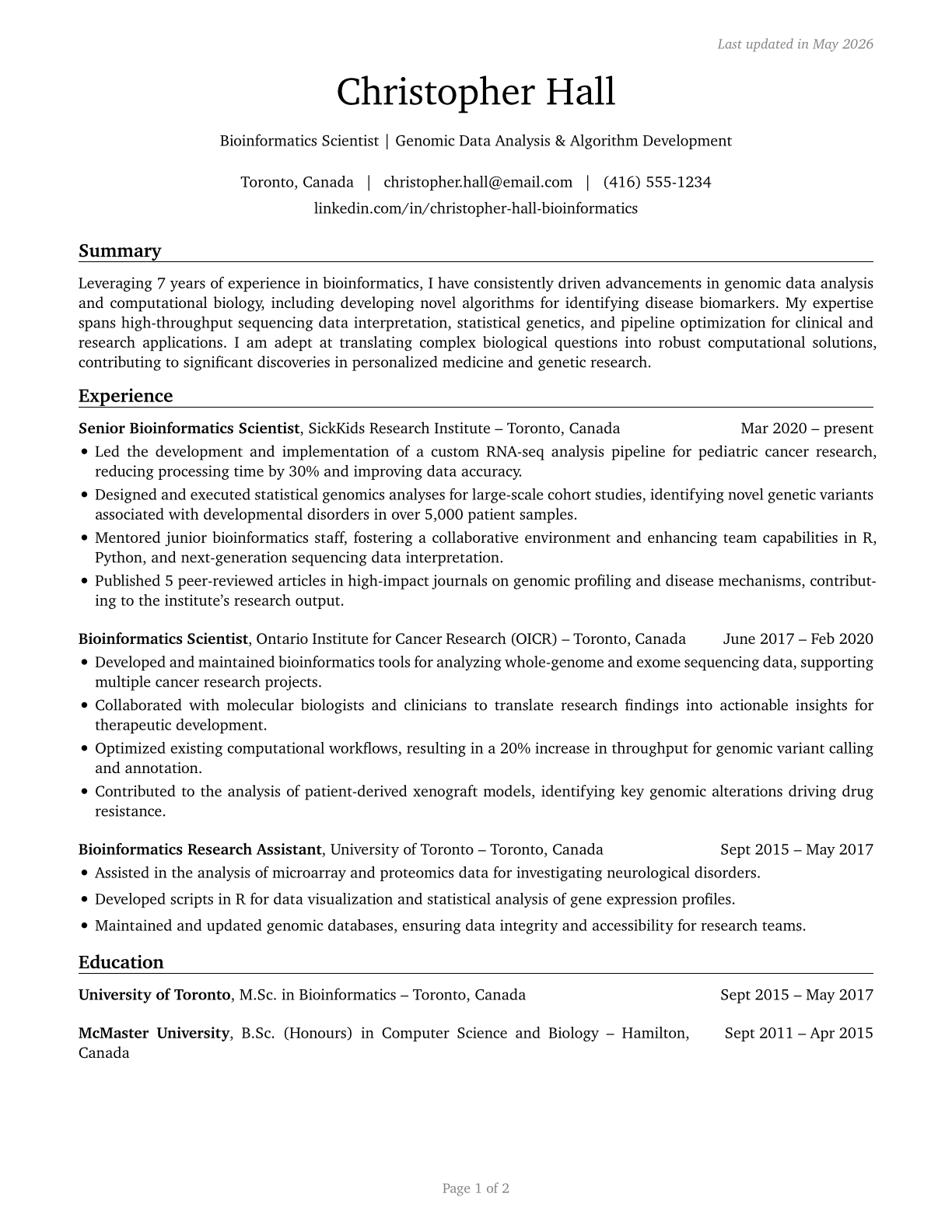 Bioinformatics Scientists CV in English — page 1