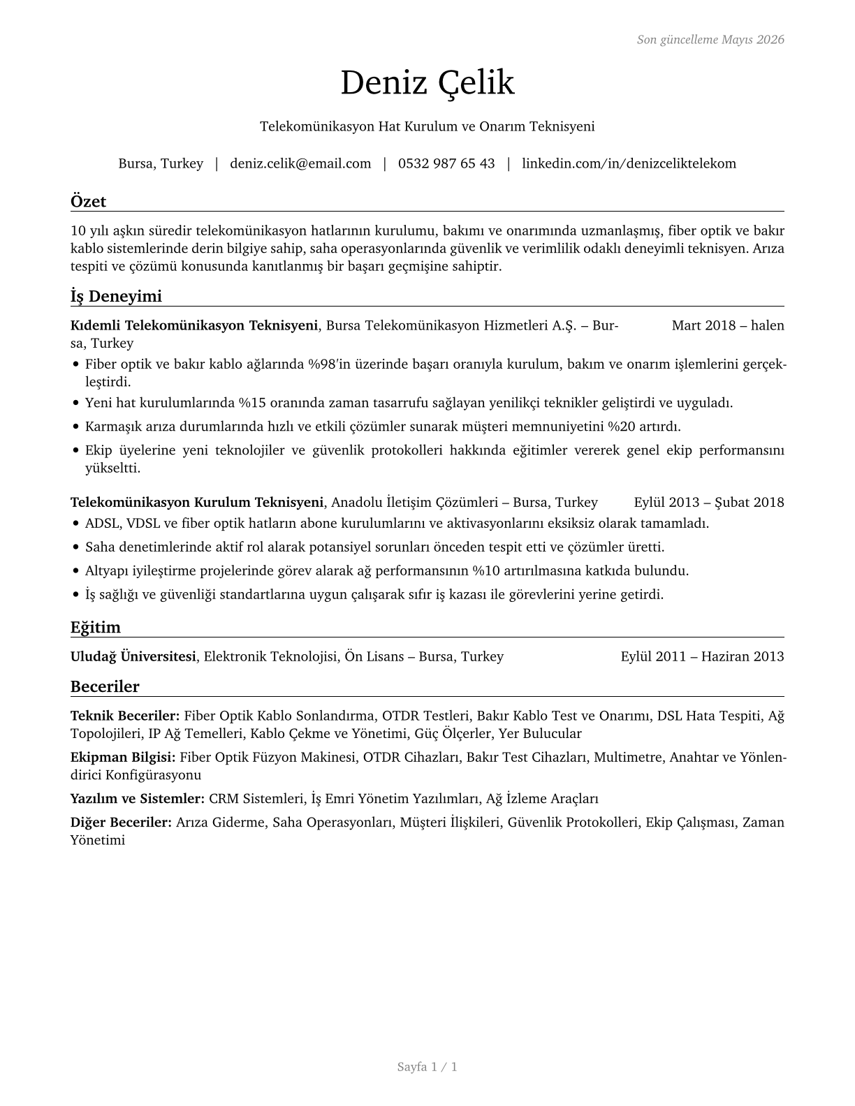 Telecommunications Line Installers and Repairers CV in Turkish — page 1