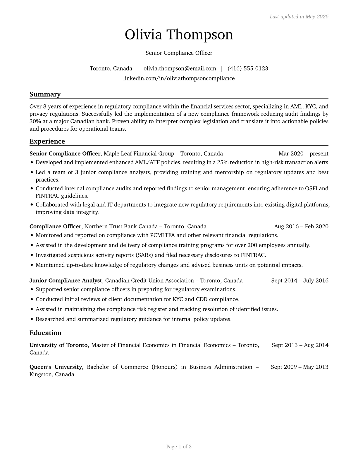 Compliance Officers CV in English — page 1