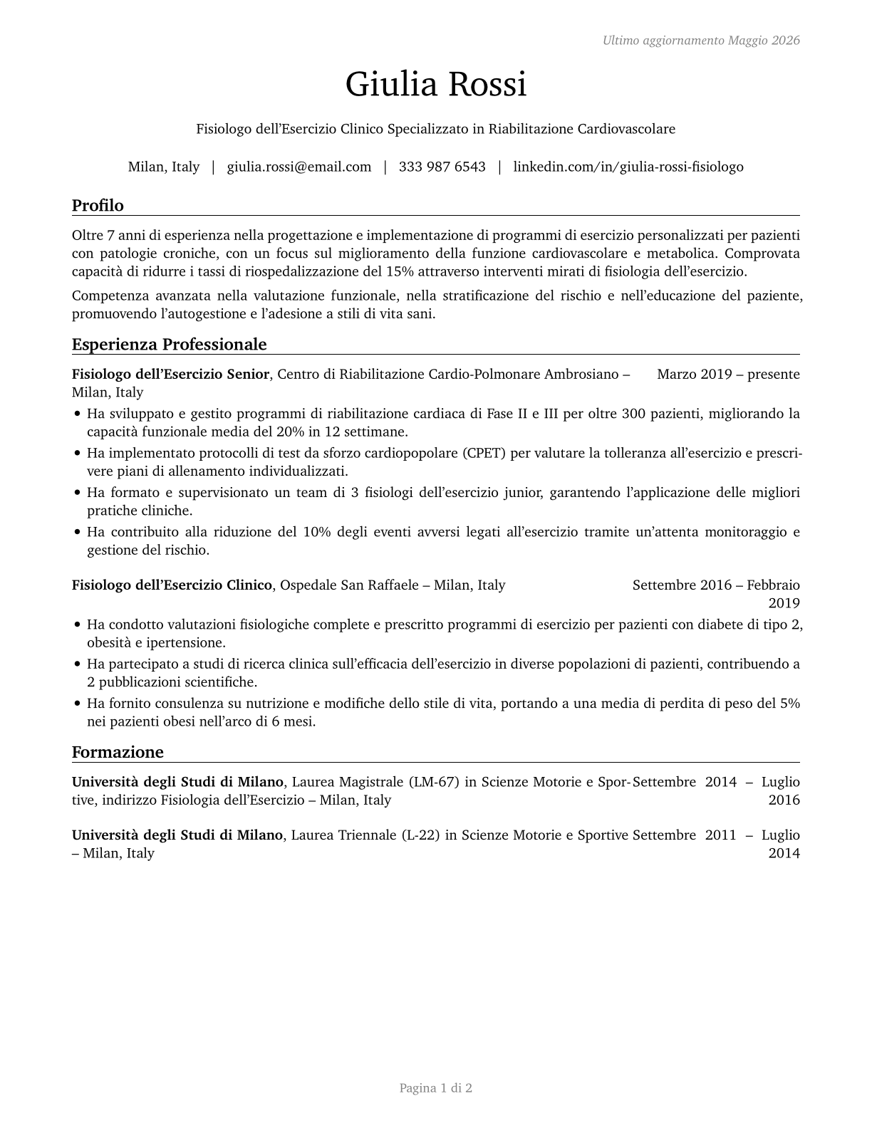 Exercise Physiologists CV in Italian — page 1