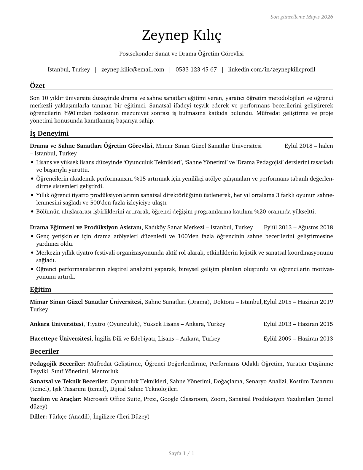Art, Drama, and Music Teachers, Postsecondary CV in Turkish — page 1