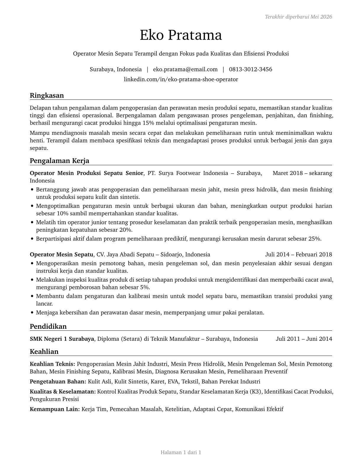 Shoe Machine Operators and Tenders CV in Indonesian — page 1