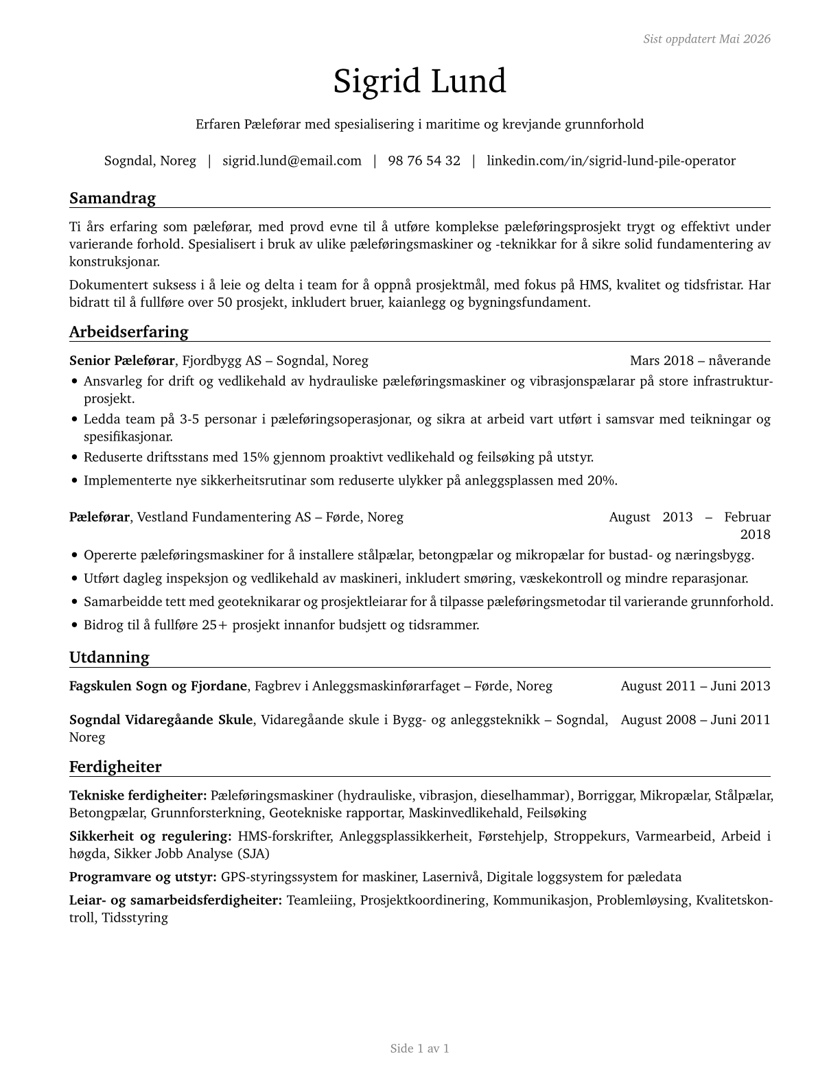 Pile Driver Operators CV in Norwegian_nynorsk — page 1