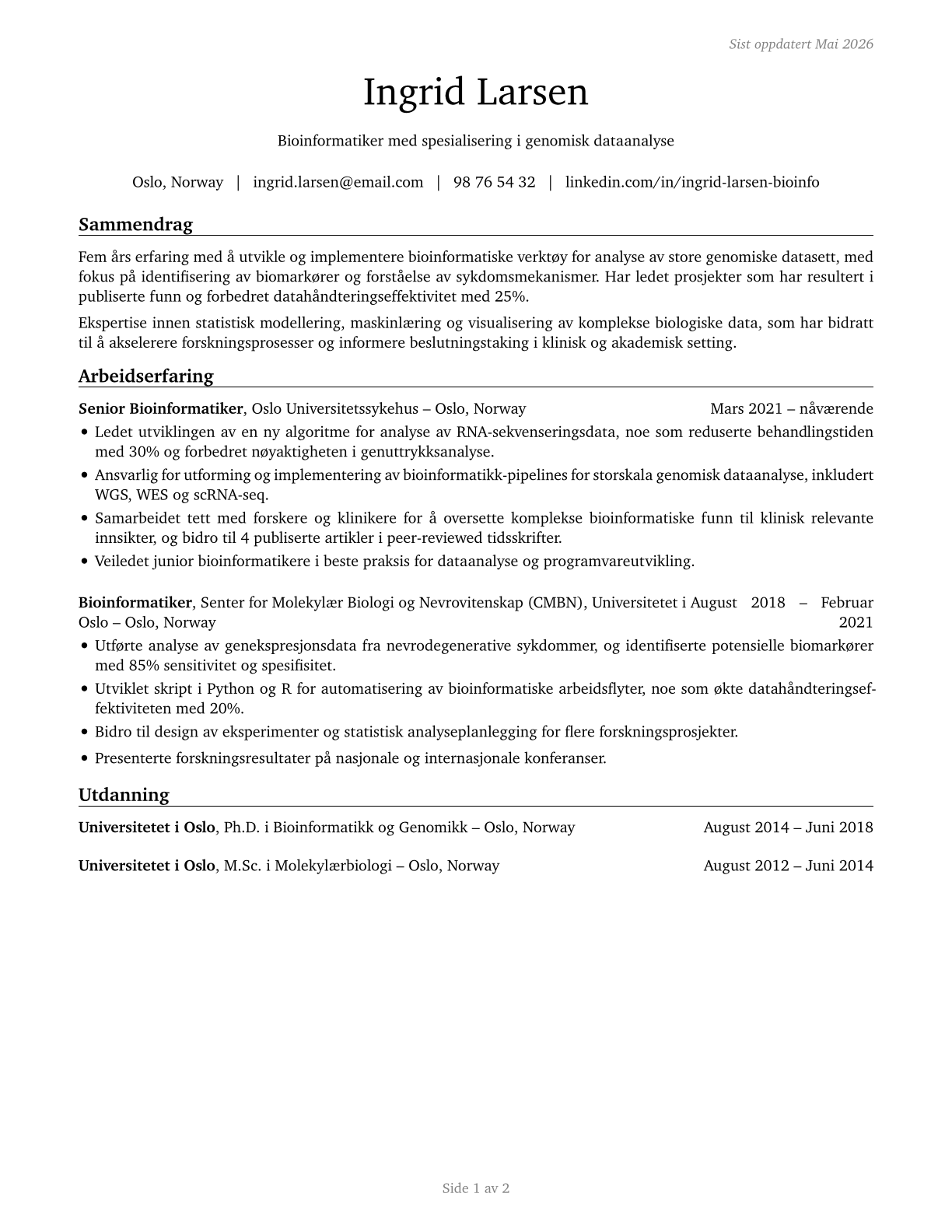 Bioinformatics Scientists CV in Norwegian_bokmal — page 1
