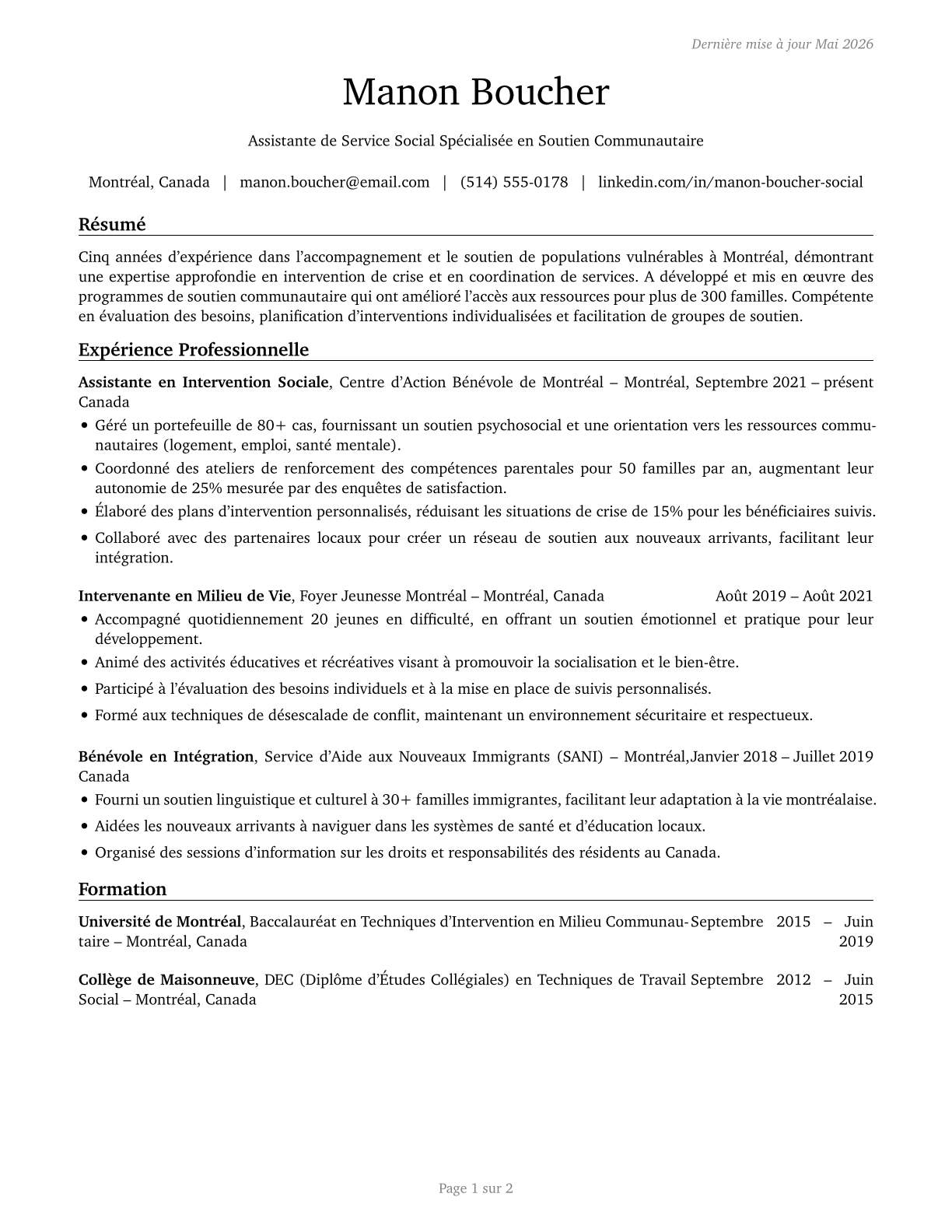 Social and Human Service Assistants CV in French — page 1