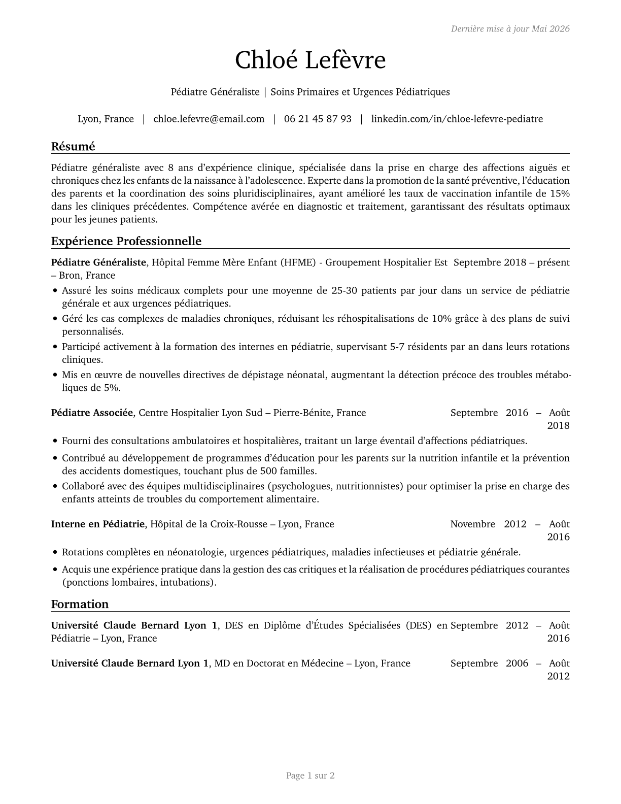 Pediatricians, General CV in French — page 1