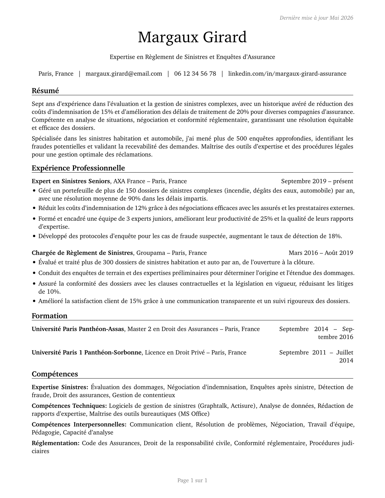 Claims Adjusters, Examiners, and Investigators CV in French — page 1