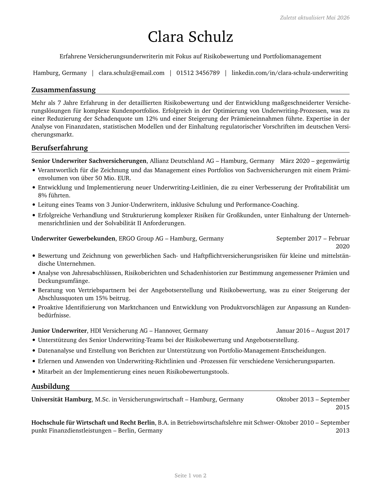 Insurance Underwriters CV in German — page 1