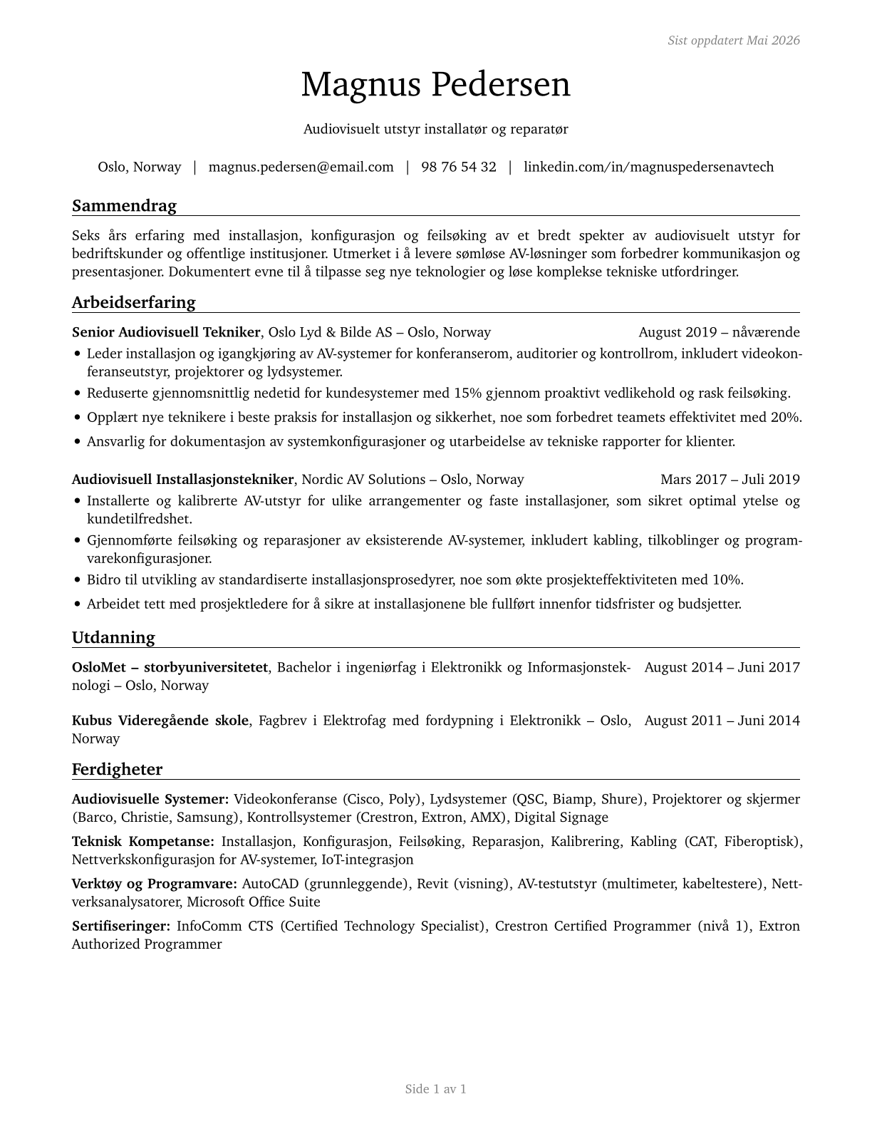 Audiovisual Equipment Installers and Repairers CV in Norwegian_bokmal — page 1