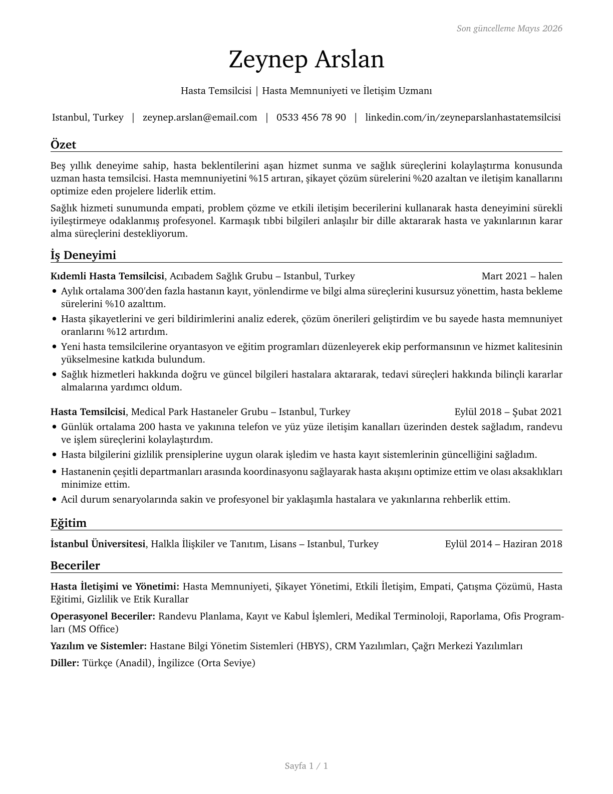 Patient Representatives CV in Turkish — page 1