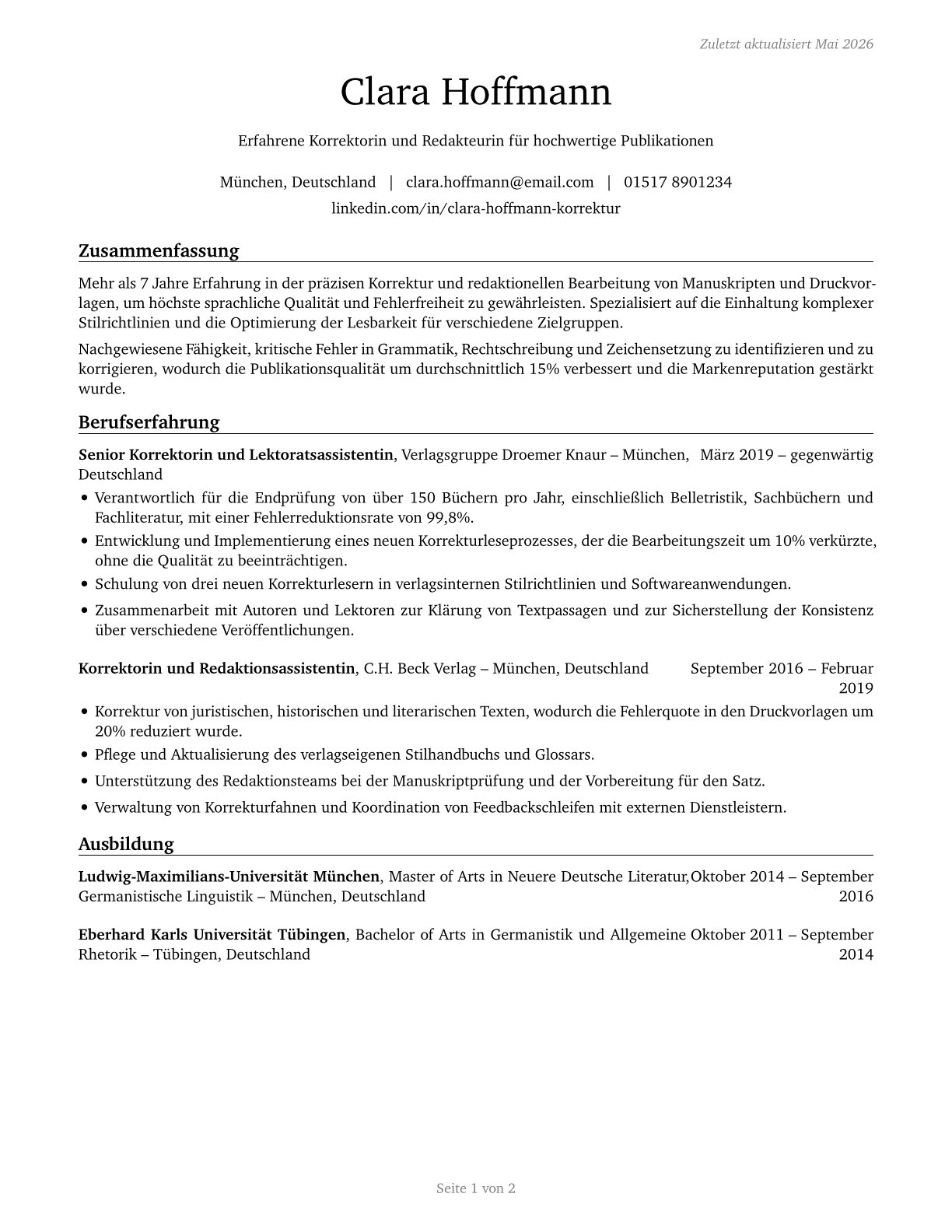 Proofreaders and Copy Markers CV in German — page 1