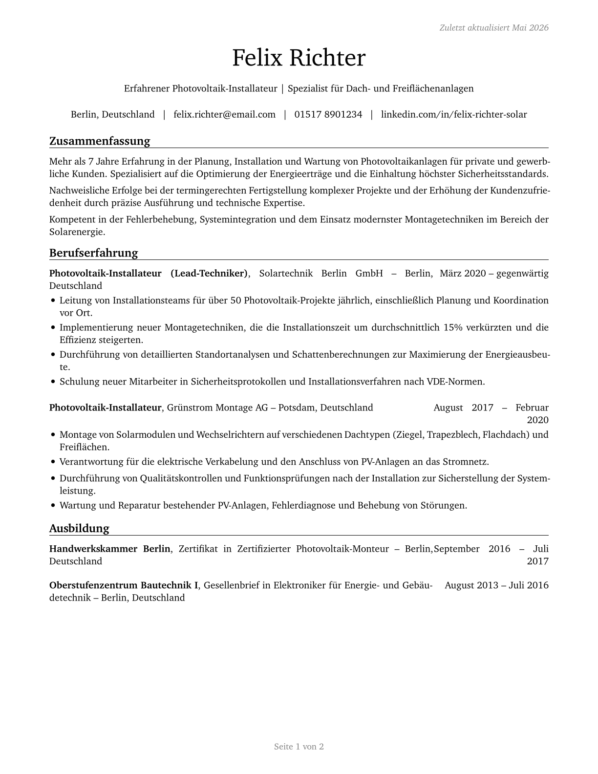 Solar Photovoltaic Installers CV in German — page 1