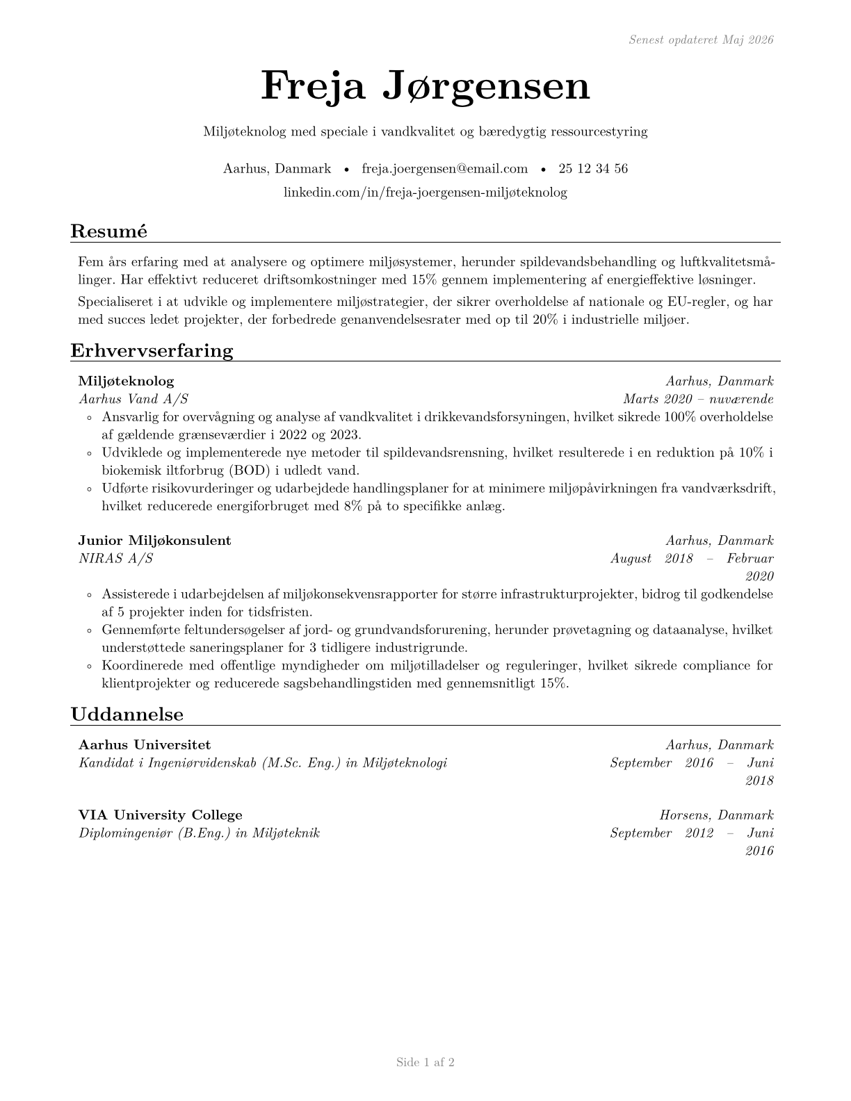 Environmental Engineering Technologists and Technicians CV in Danish — page 1