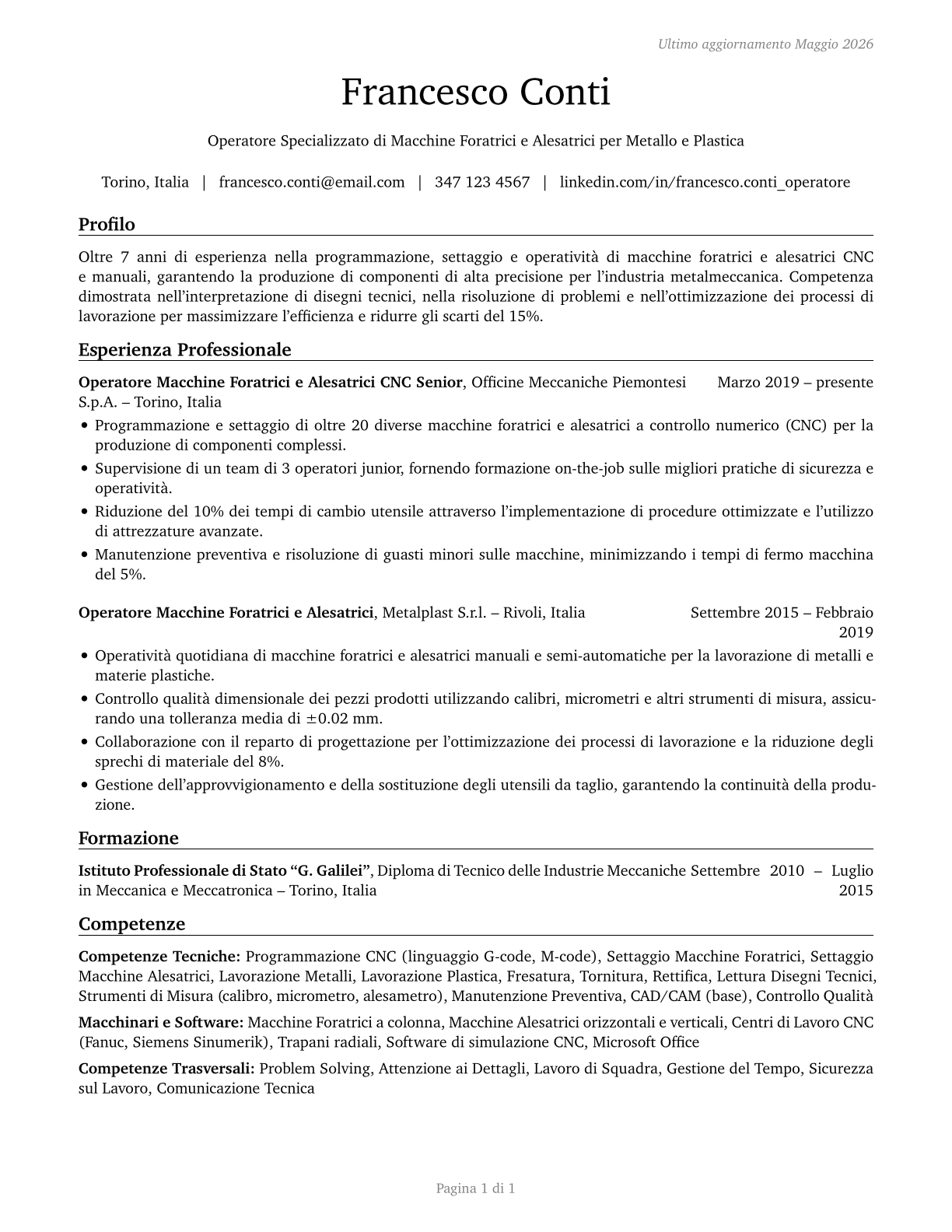 Drilling and Boring Machine Tool Setters, Operators, and Tenders, Metal and Plastic CV in Italian — page 1