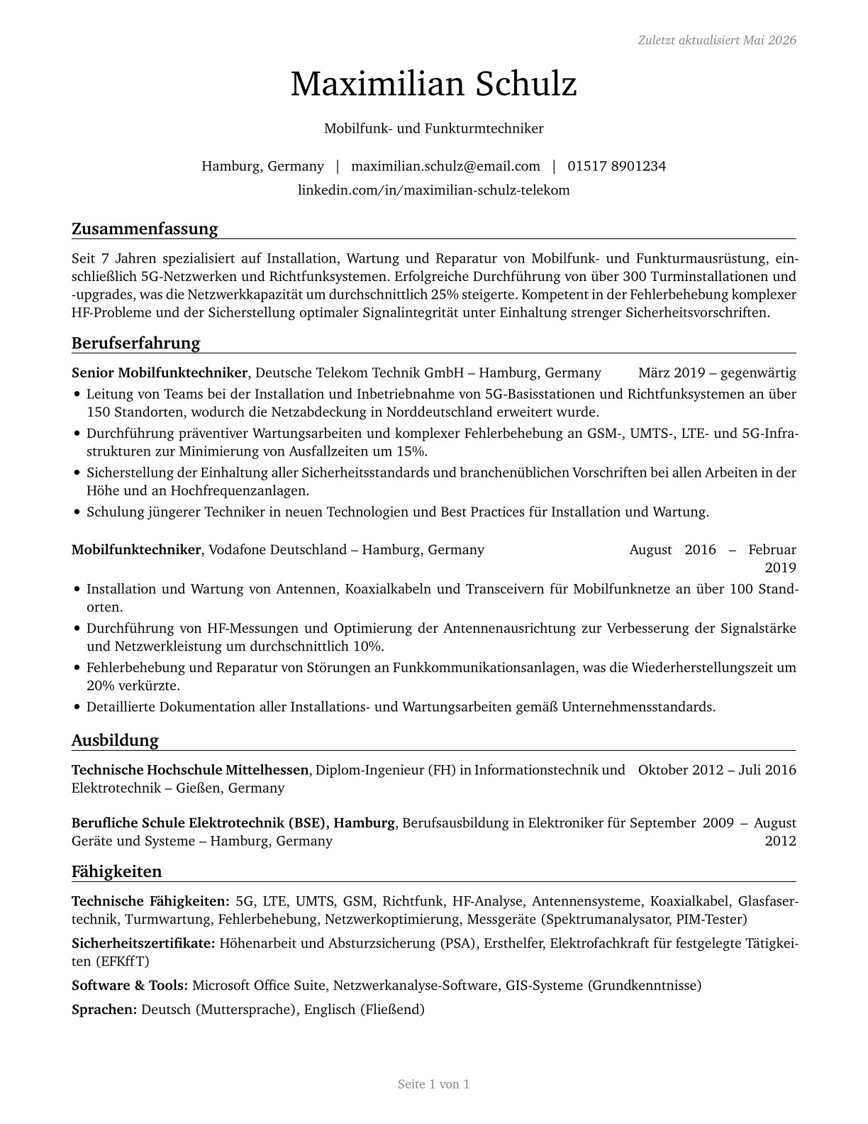 Radio, Cellular, and Tower Equipment Installers and Repairers CV in German — page 1