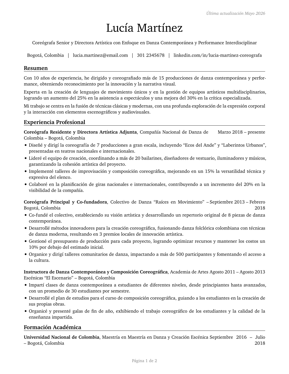 Choreographers CV in Spanish — page 1