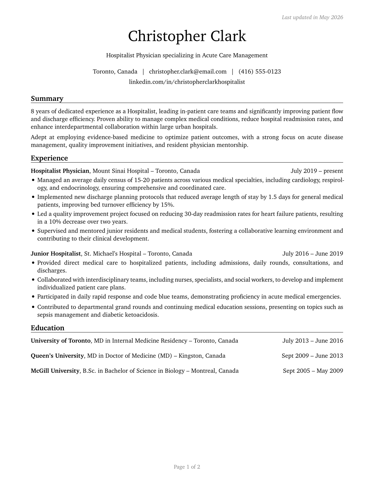 Hospitalists CV in English — page 1