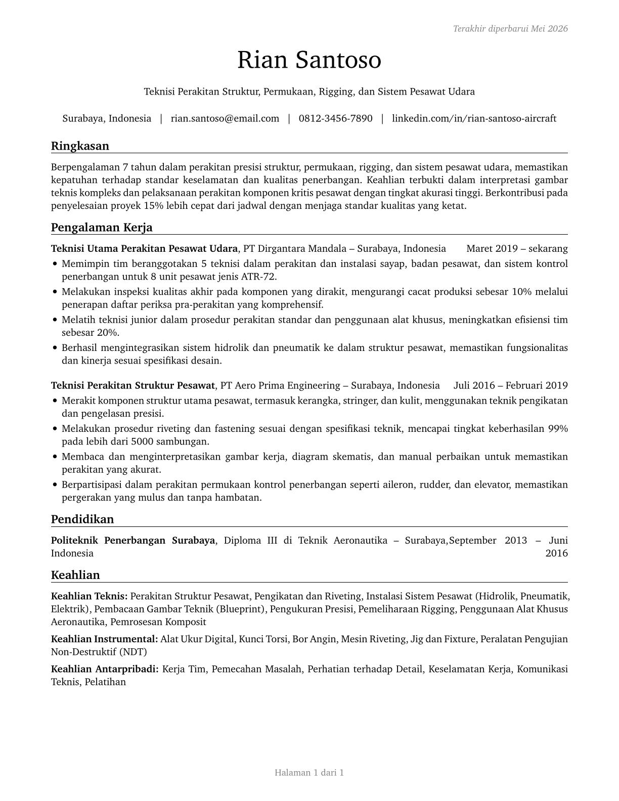 Aircraft Structure, Surfaces, Rigging, and Systems Assemblers CV in Indonesian — page 1