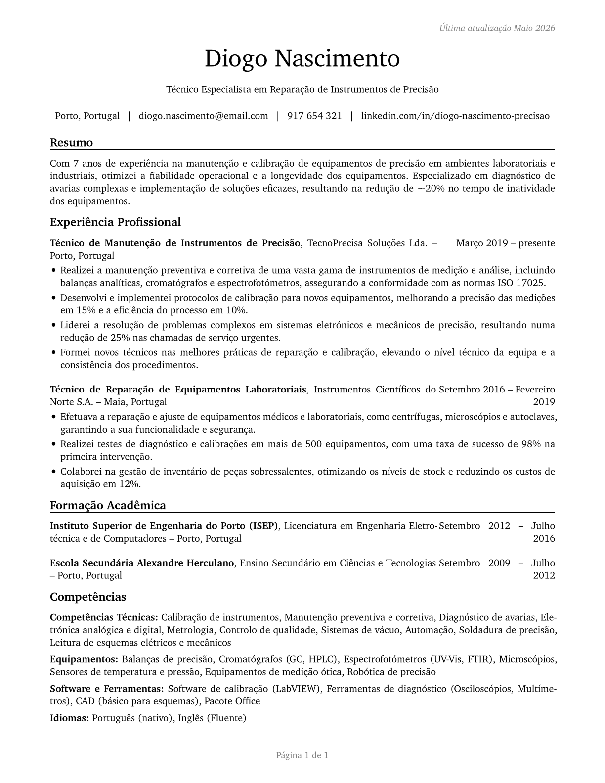 Precision Instrument and Equipment Repairers, All Other CV in Portuguese — page 1