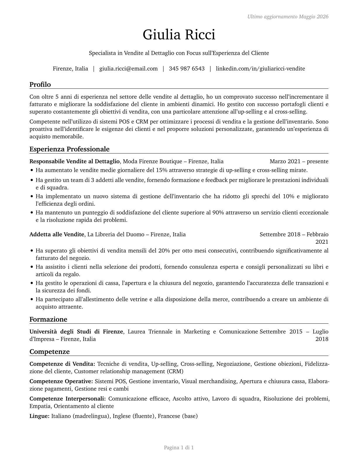 Retail Salespersons CV in Italian — page 1