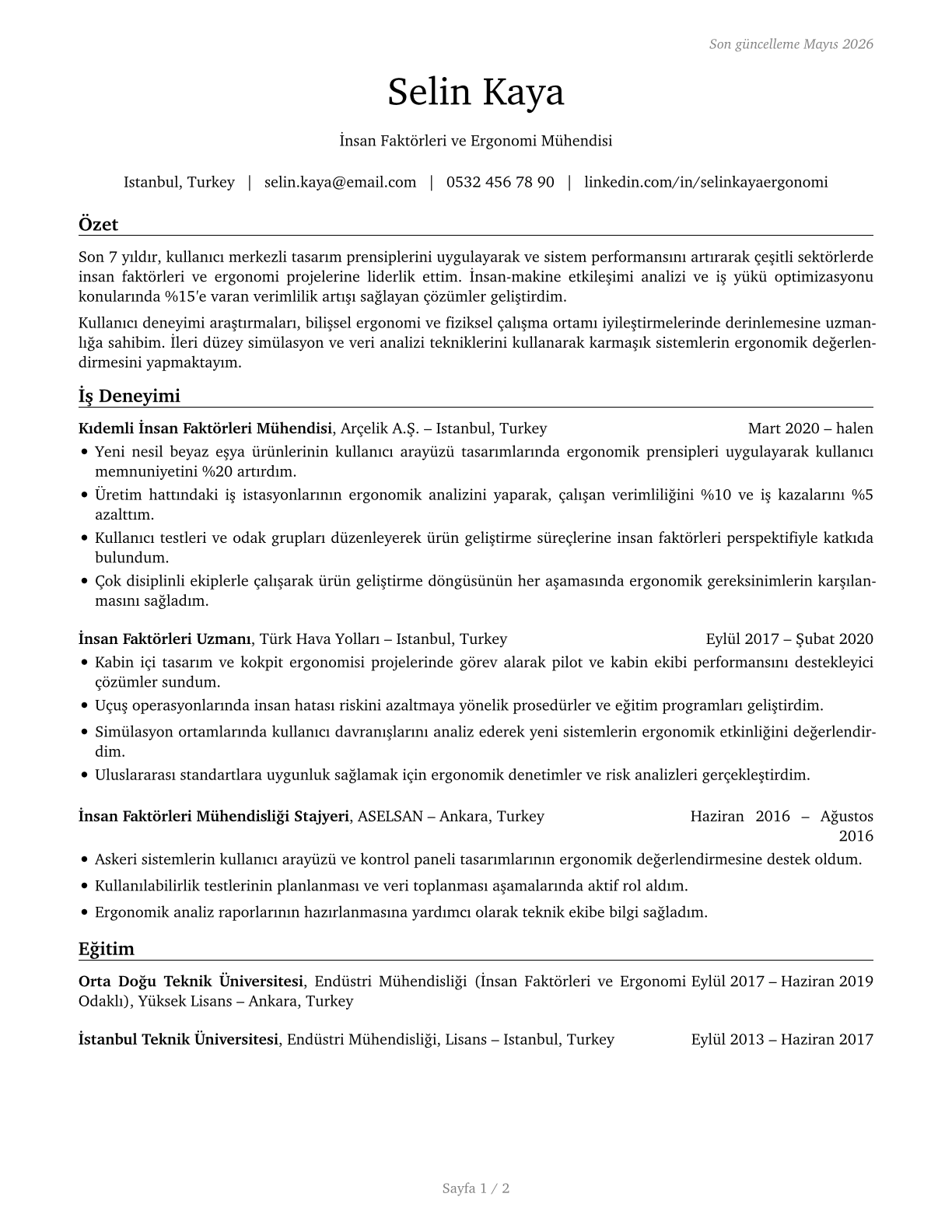 Human Factors Engineers and Ergonomists CV in Turkish — page 1
