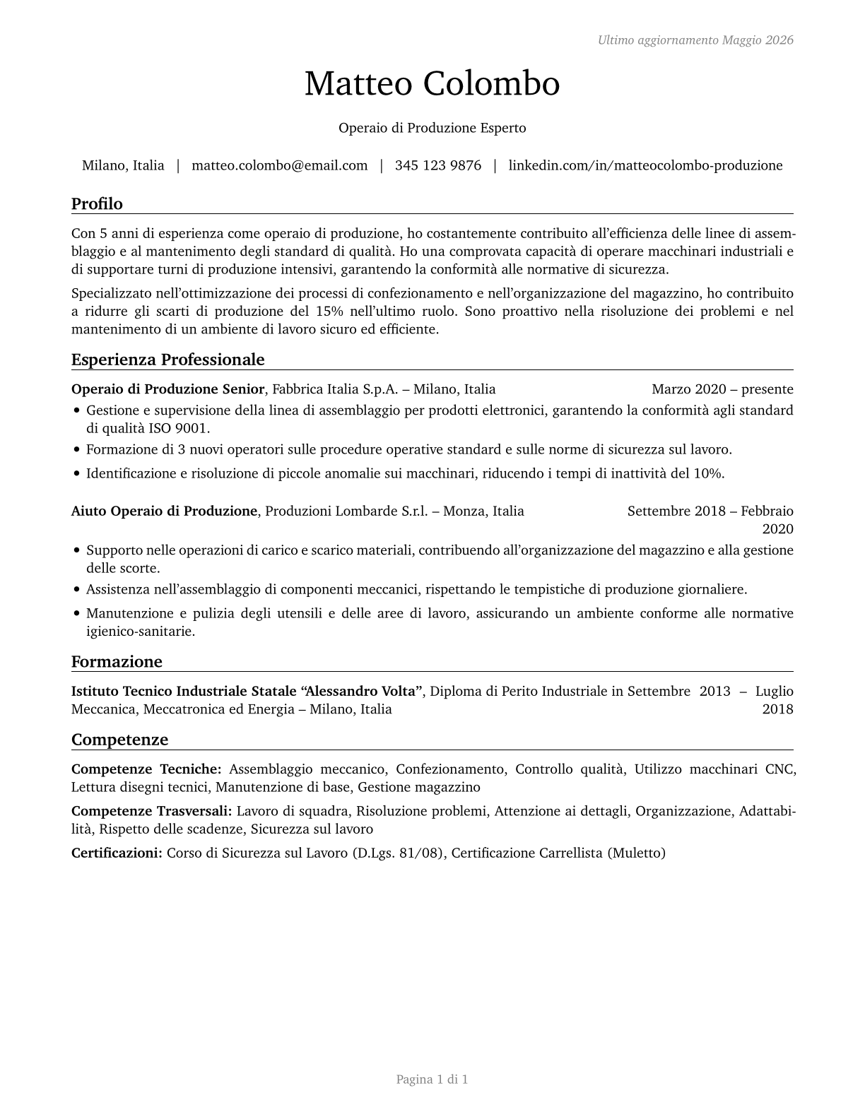 Helpers--Production Workers CV in Italian — page 1