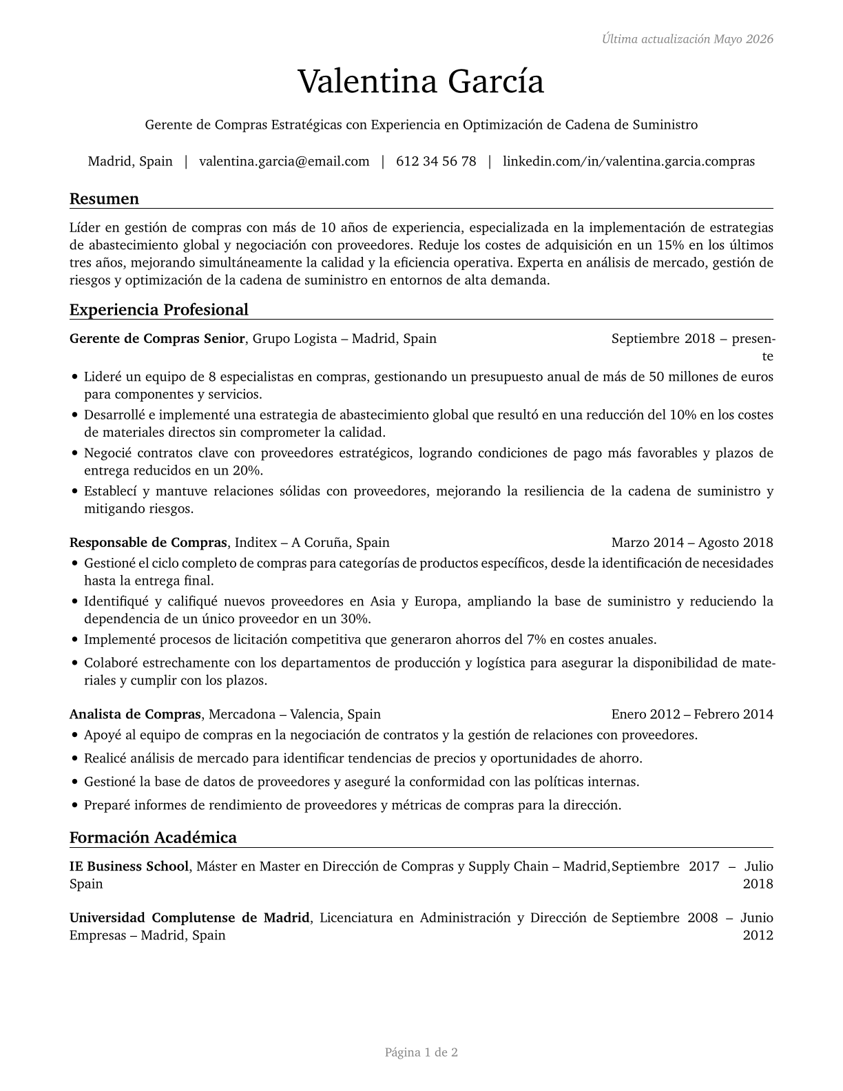 Purchasing Managers CV in Spanish — page 1