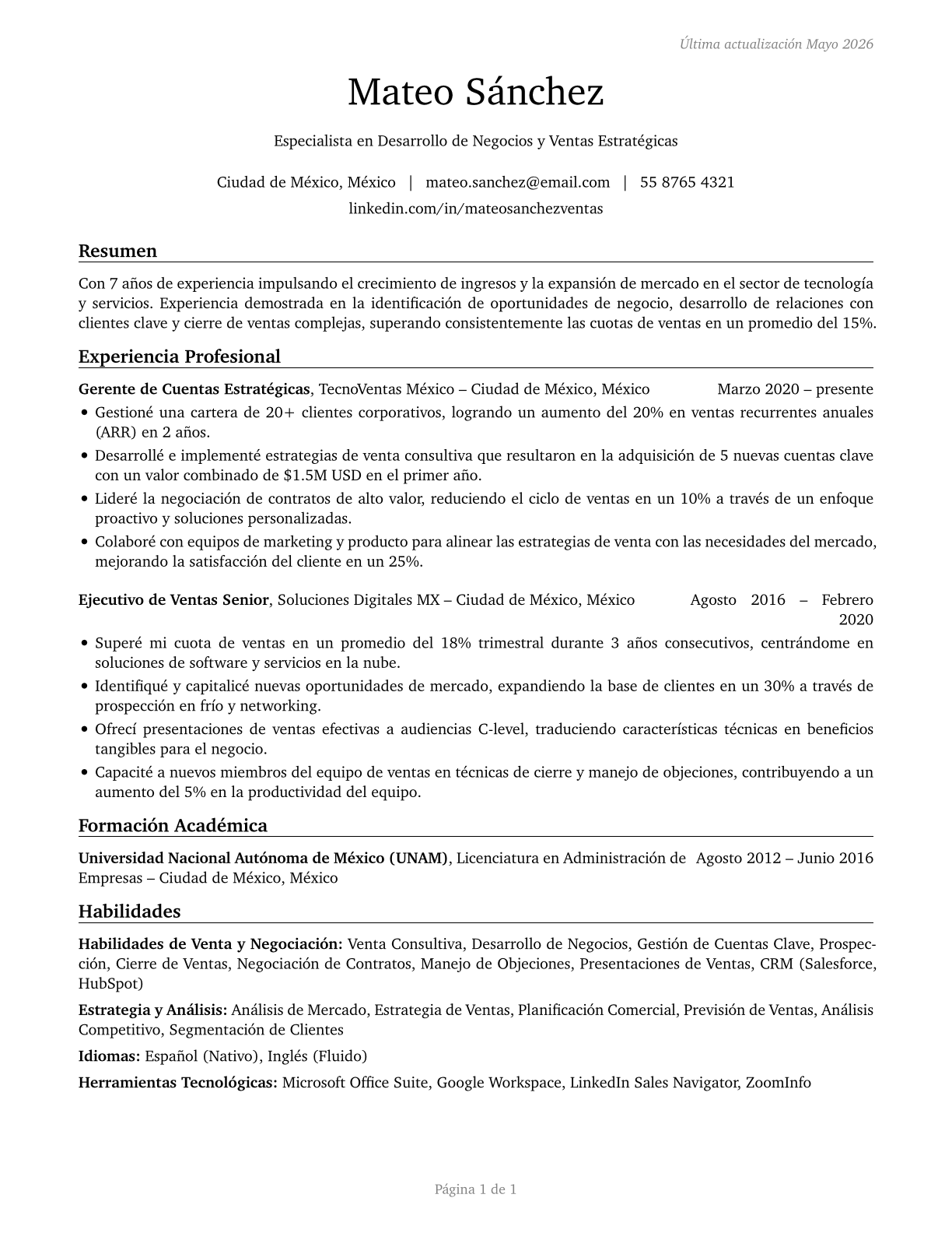 Sales and Related Workers, All Other CV in Spanish — page 1