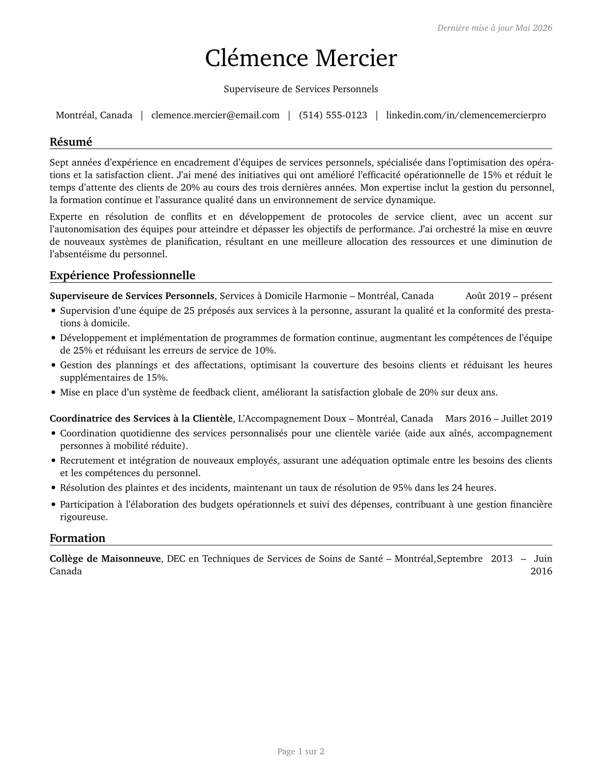 First-Line Supervisors of Personal Service Workers CV in French — page 1