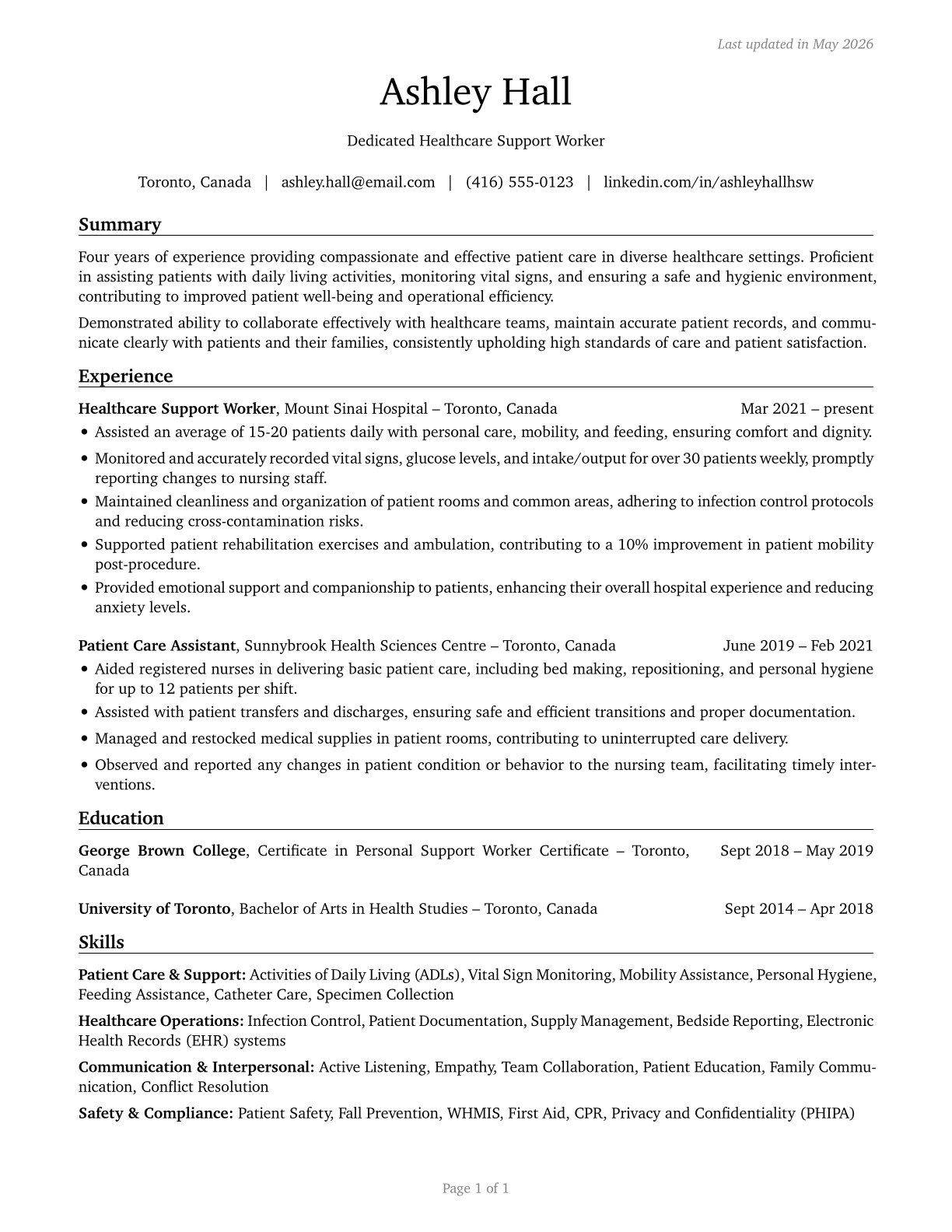 Healthcare Support Workers, All Other CV in English — page 1