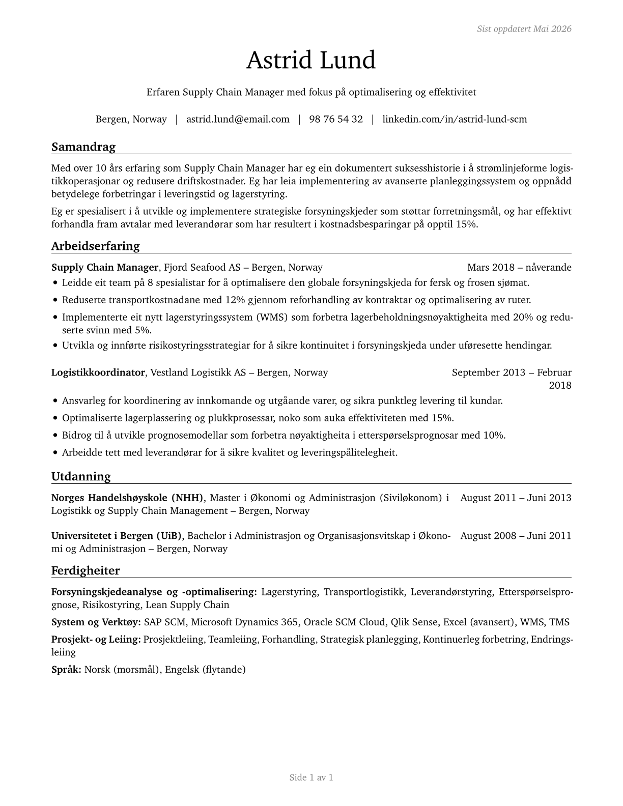 Supply Chain Managers CV in Norwegian_nynorsk — page 1
