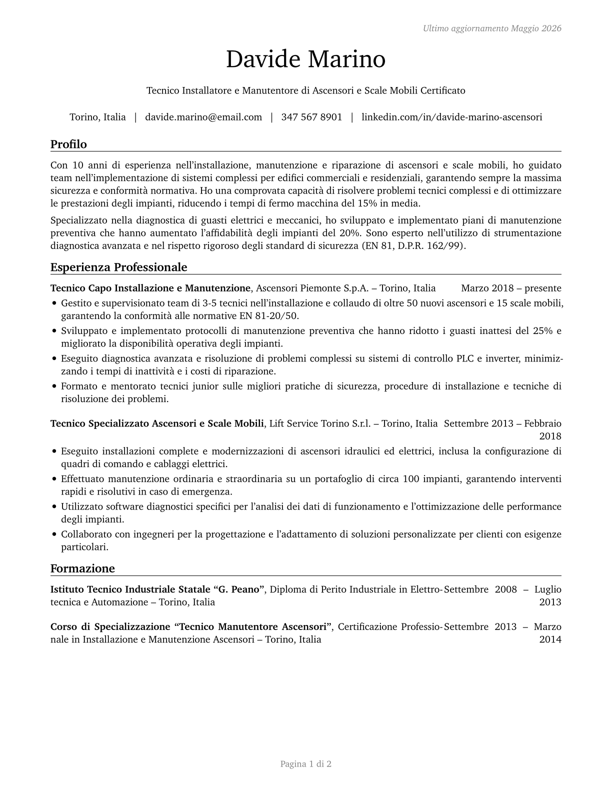 Elevator and Escalator Installers and Repairers CV in Italian — page 1
