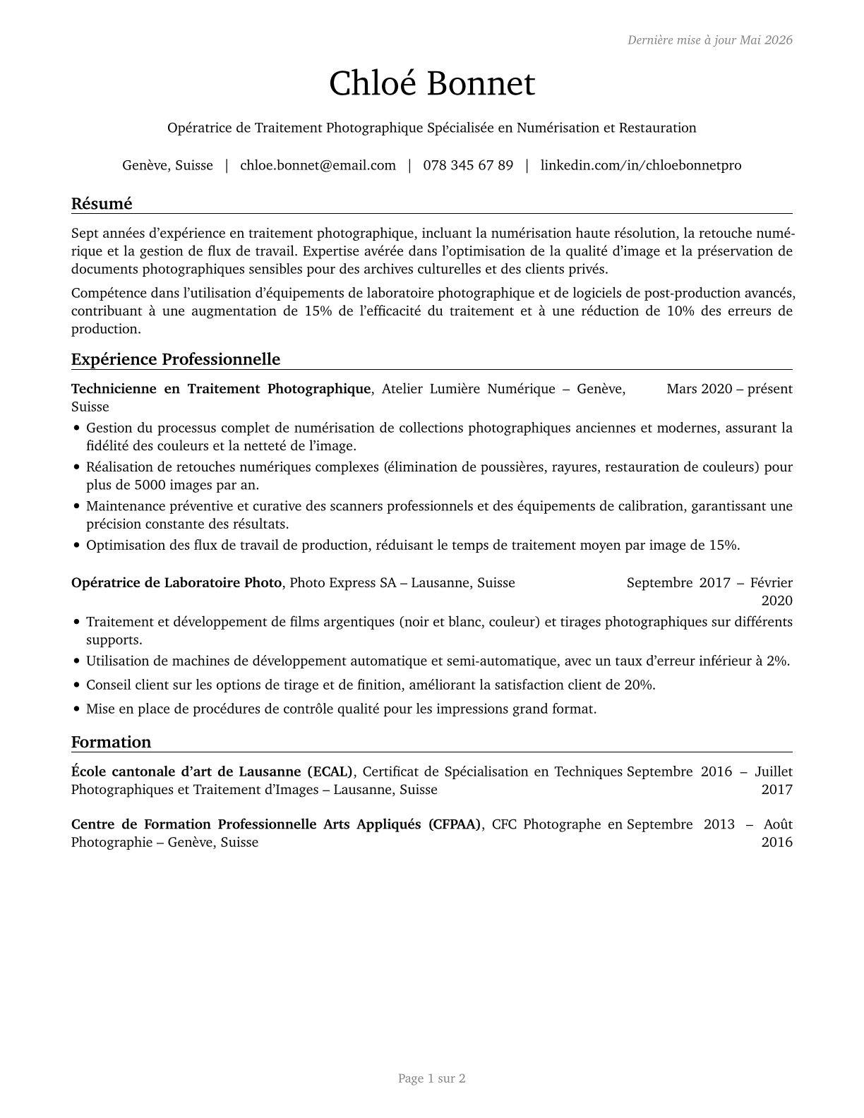 Photographic Process Workers and Processing Machine Operators CV in French — page 1