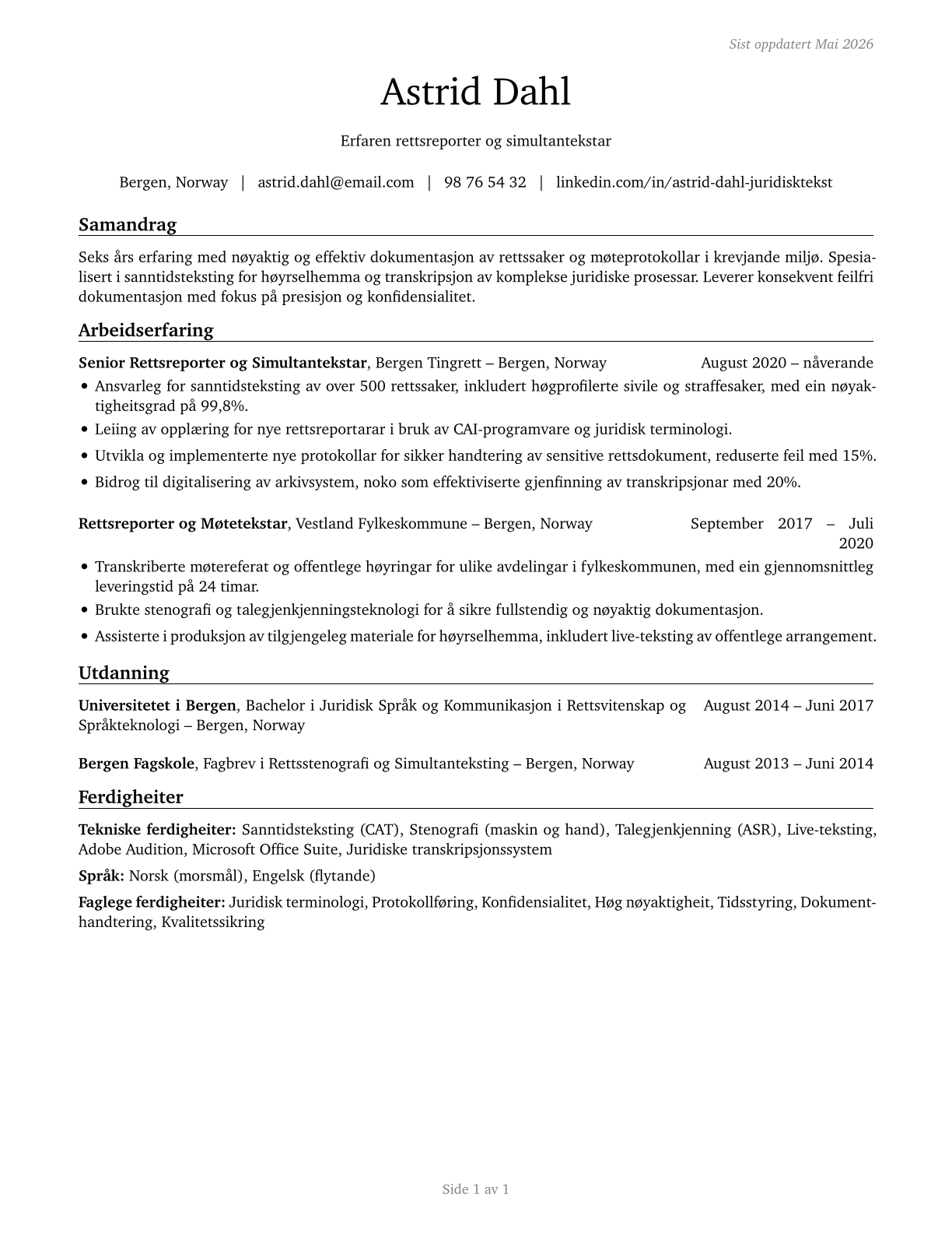 Court Reporters and Simultaneous Captioners CV in Norwegian_nynorsk — page 1