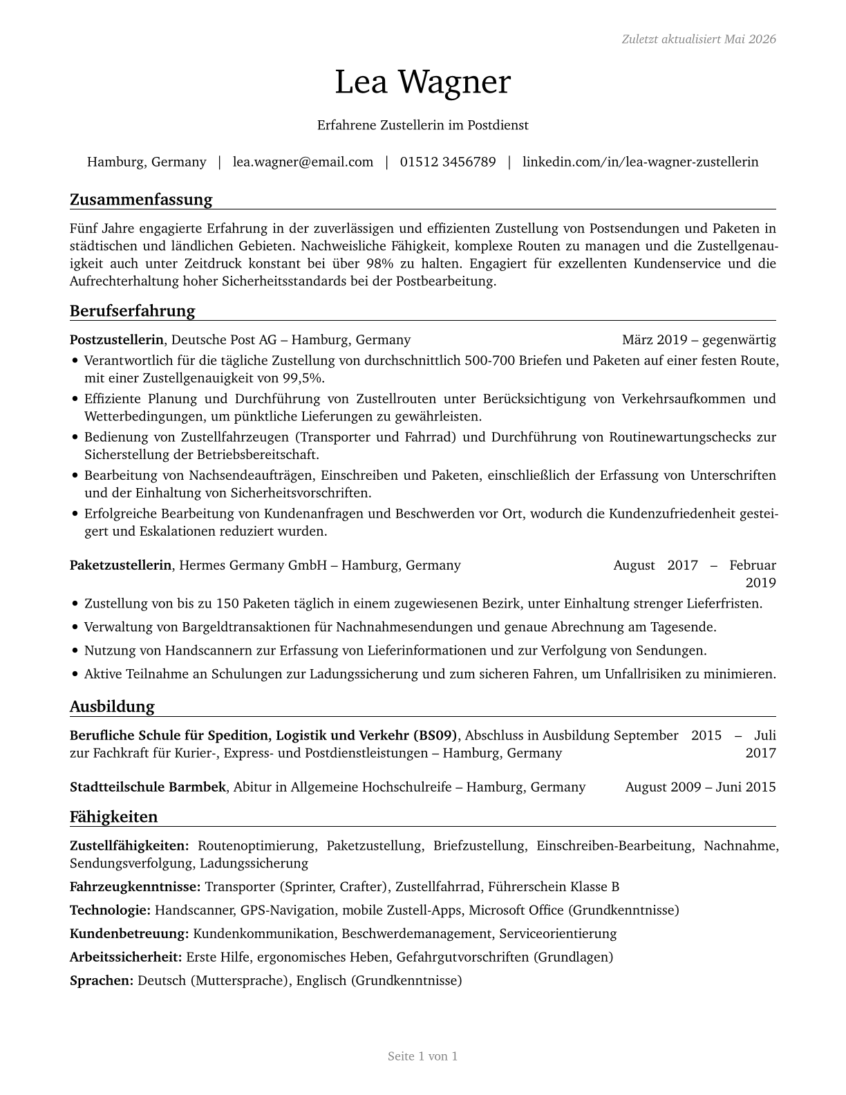 Postal Service Mail Carriers CV in German — page 1